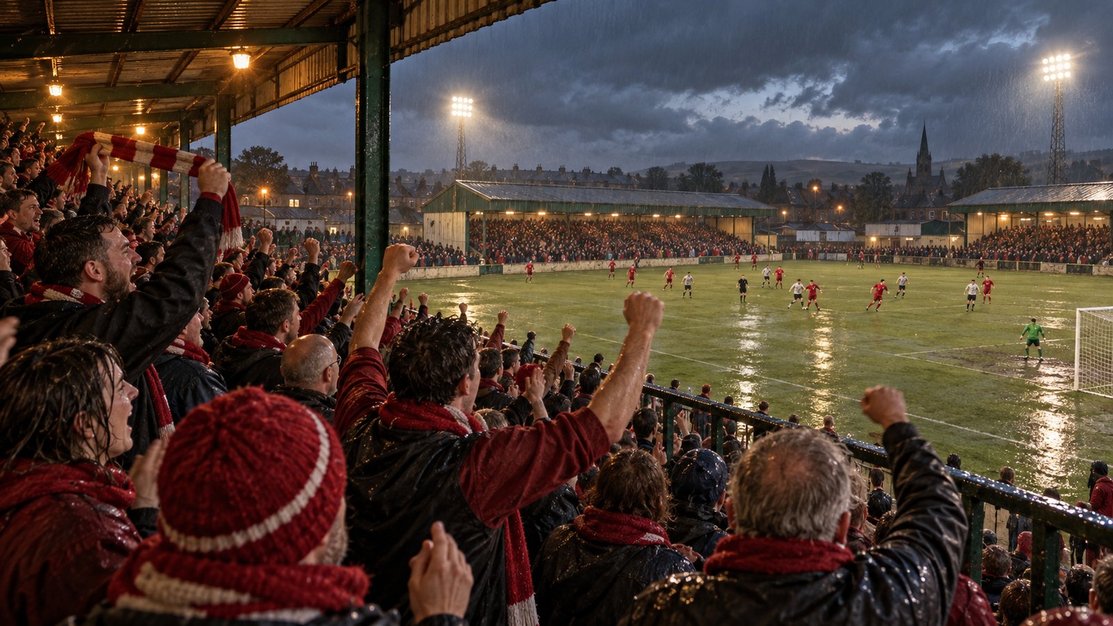 A packed lower-league terrace at Gigg Lane with generic red scarves and no logos