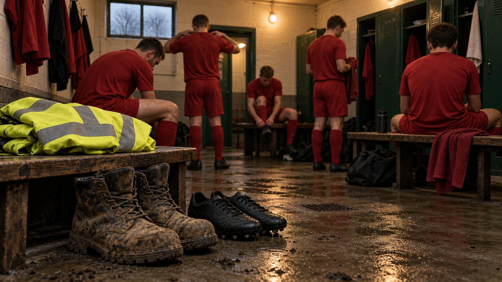 Part-time footballers leaving work boots beside red kit in a modest non-league dressing room