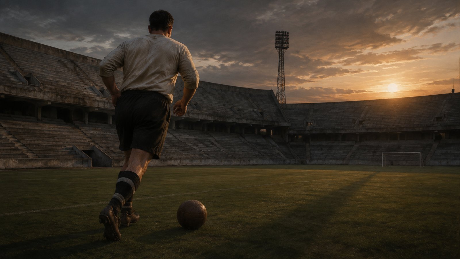 A stocky left-footed footballer training alone at dusk in an empty 1950s stadium