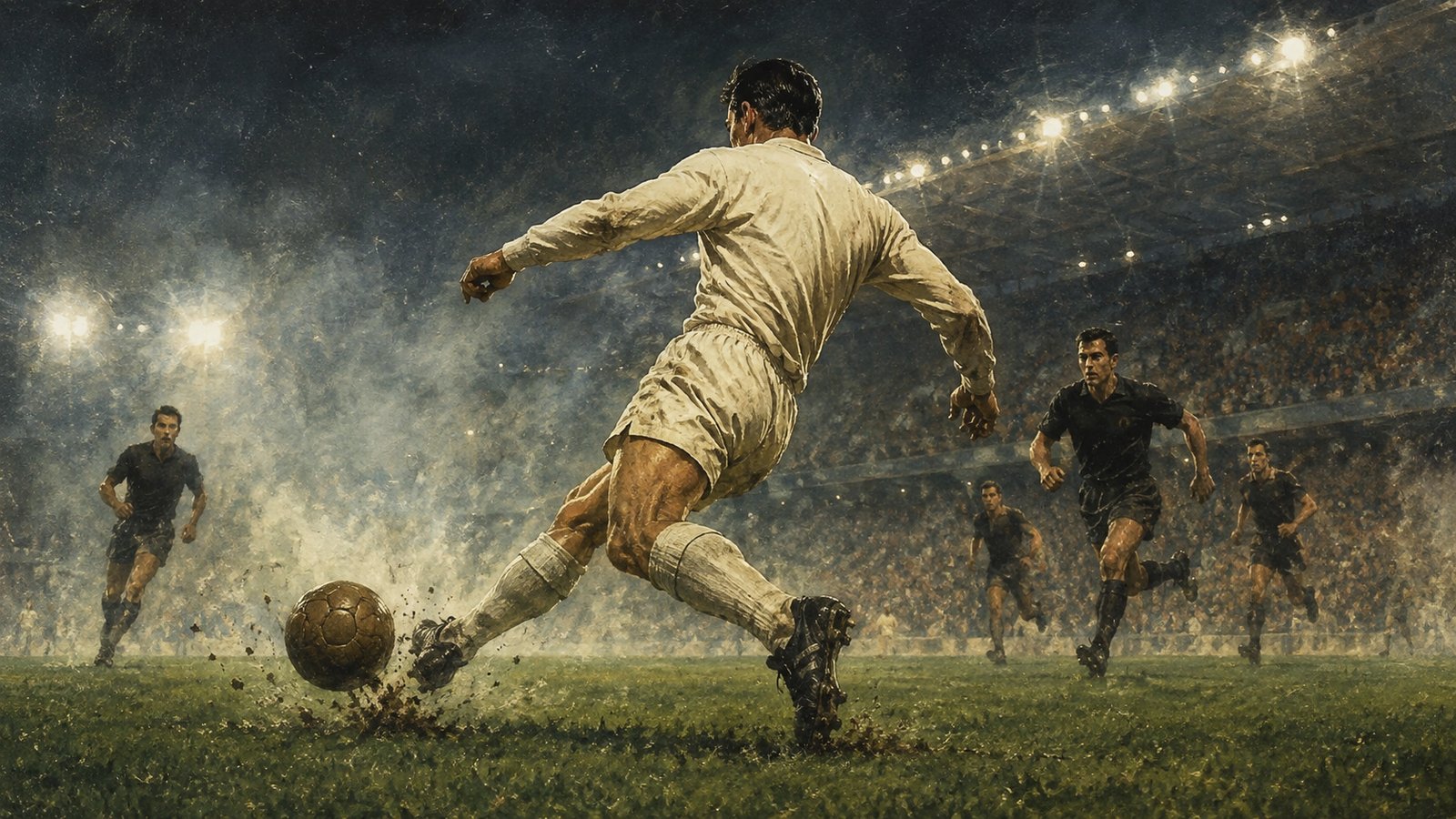 A fictional 1950s Madrid forward striking a heavy leather ball under floodlights