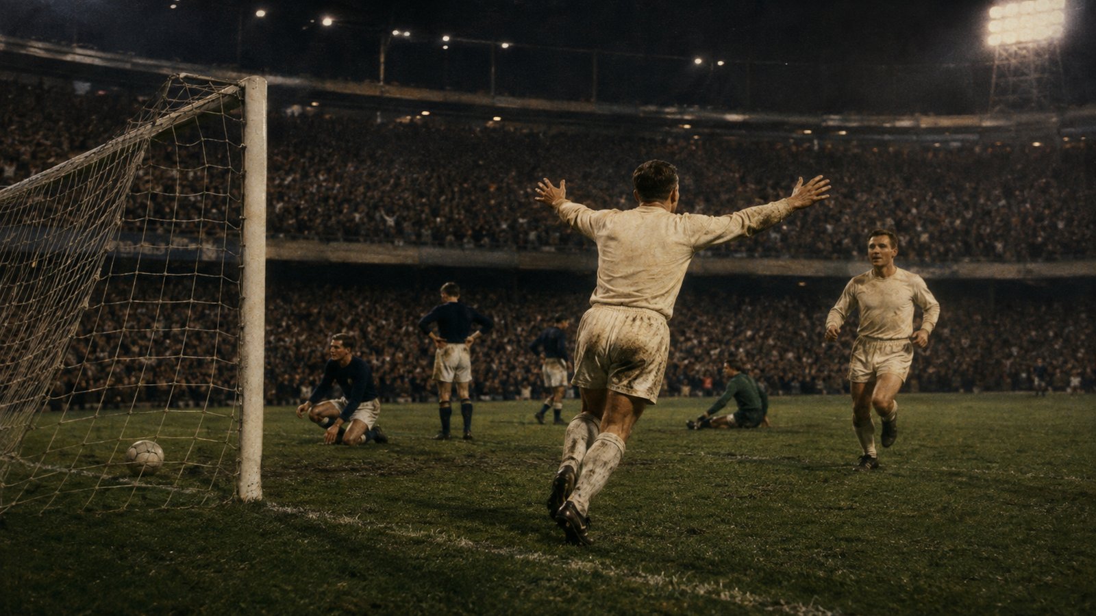 A European final under Hampden floodlights with a generic white-shirted scorer