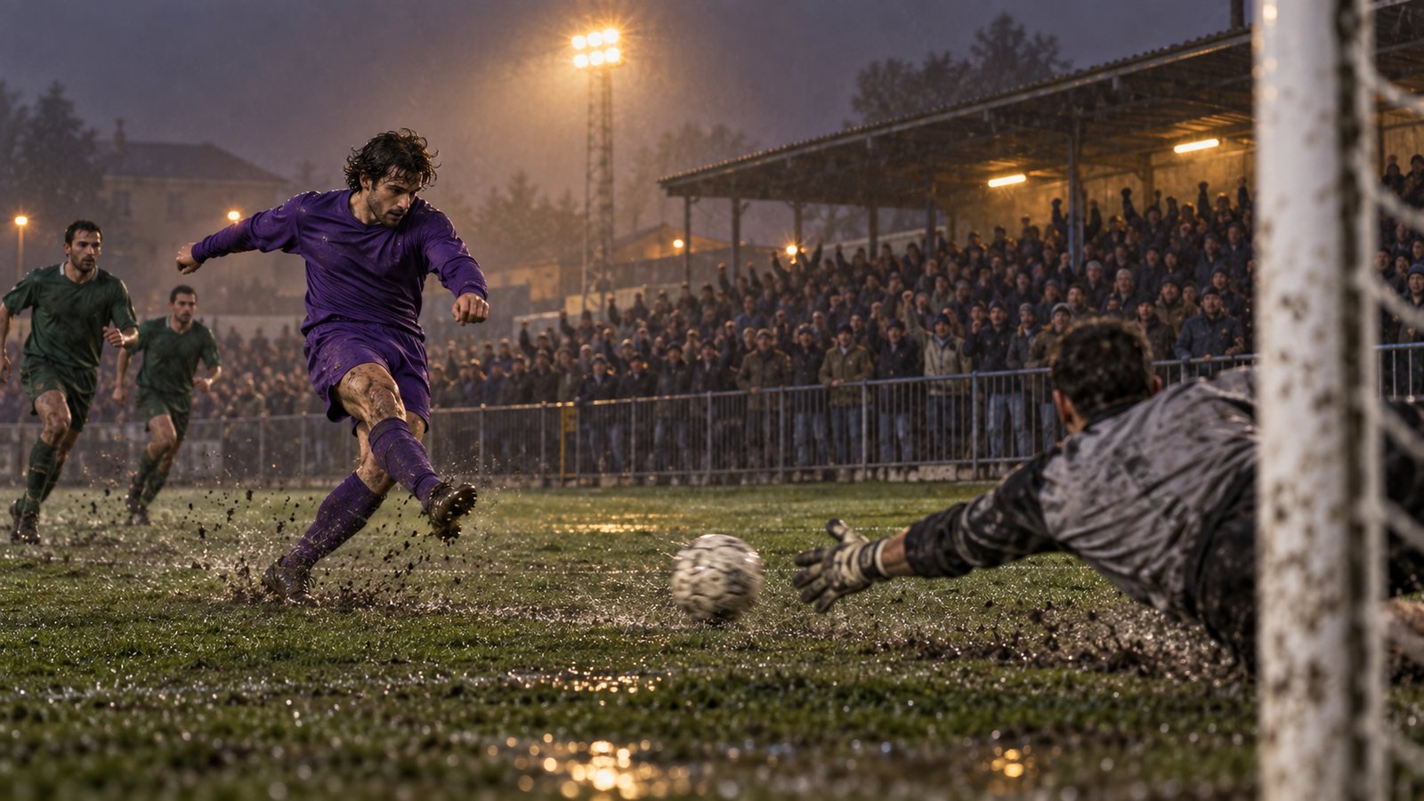 A fictional purple-shirted striker finishing on a compact Italian fourth-tier ground during the 2002–03 season