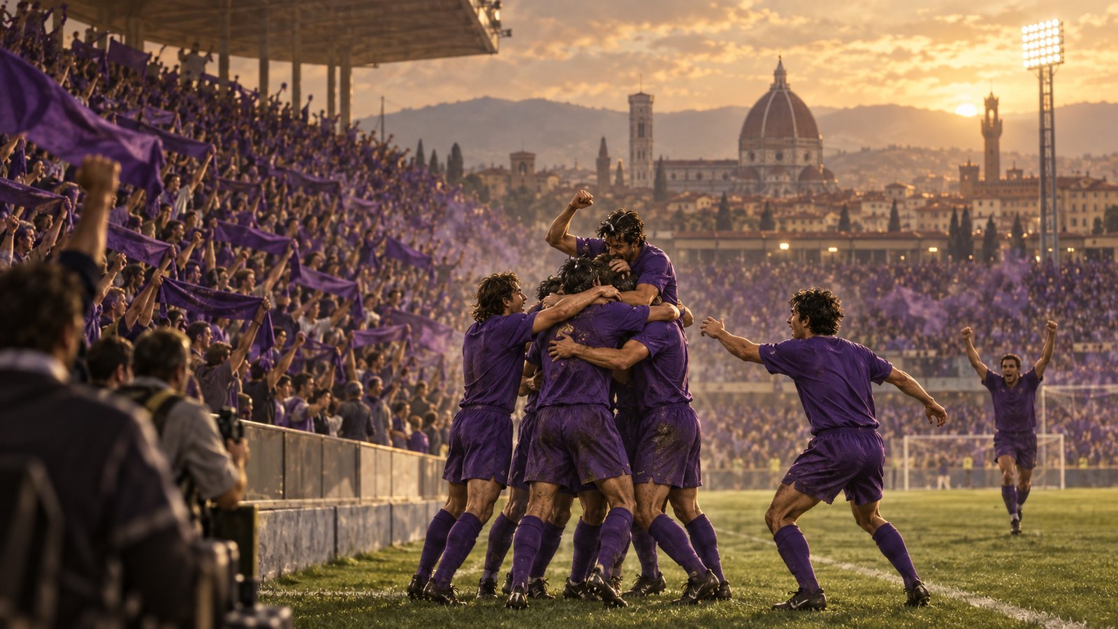 Purple-clad supporters filling a Florence stadium as their rebuilt club completes promotion in June 2004