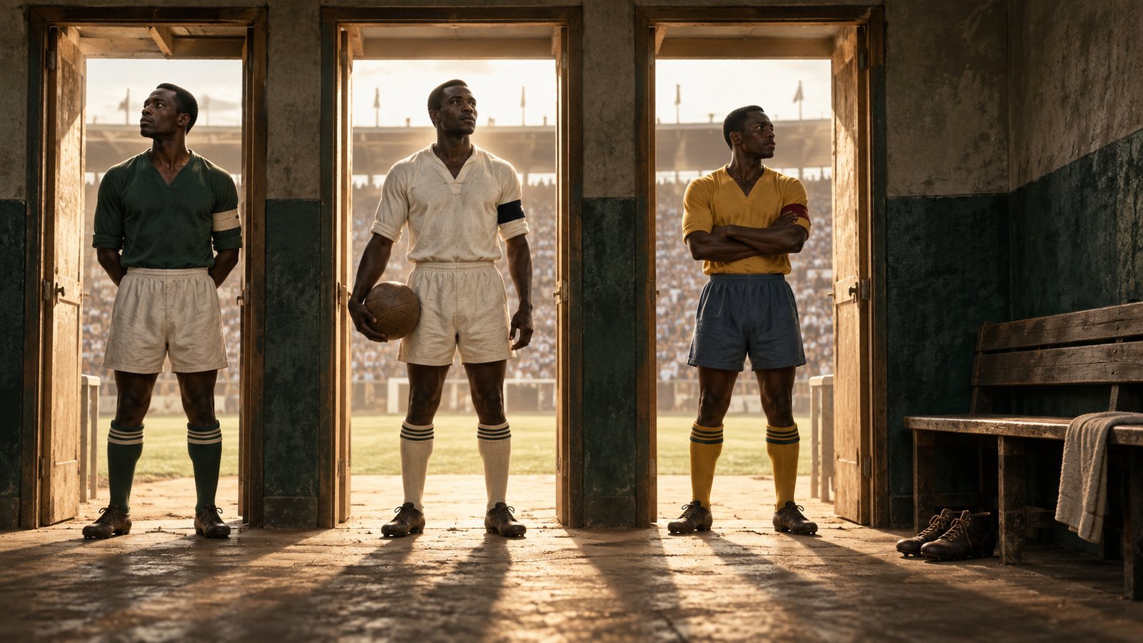 A wide editorial scene of four 1950s African football delegates around a blank tournament bracket in a Khartoum hotel