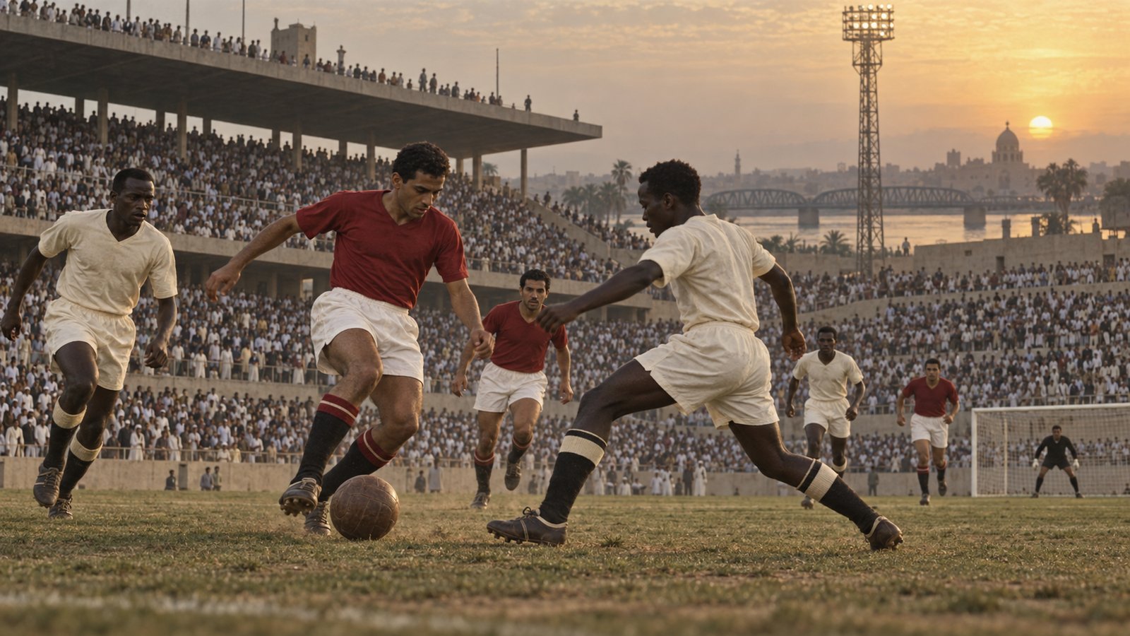 A wide editorial view of a packed 1950s Khartoum football ground during Egypt versus Sudan with blank period kits