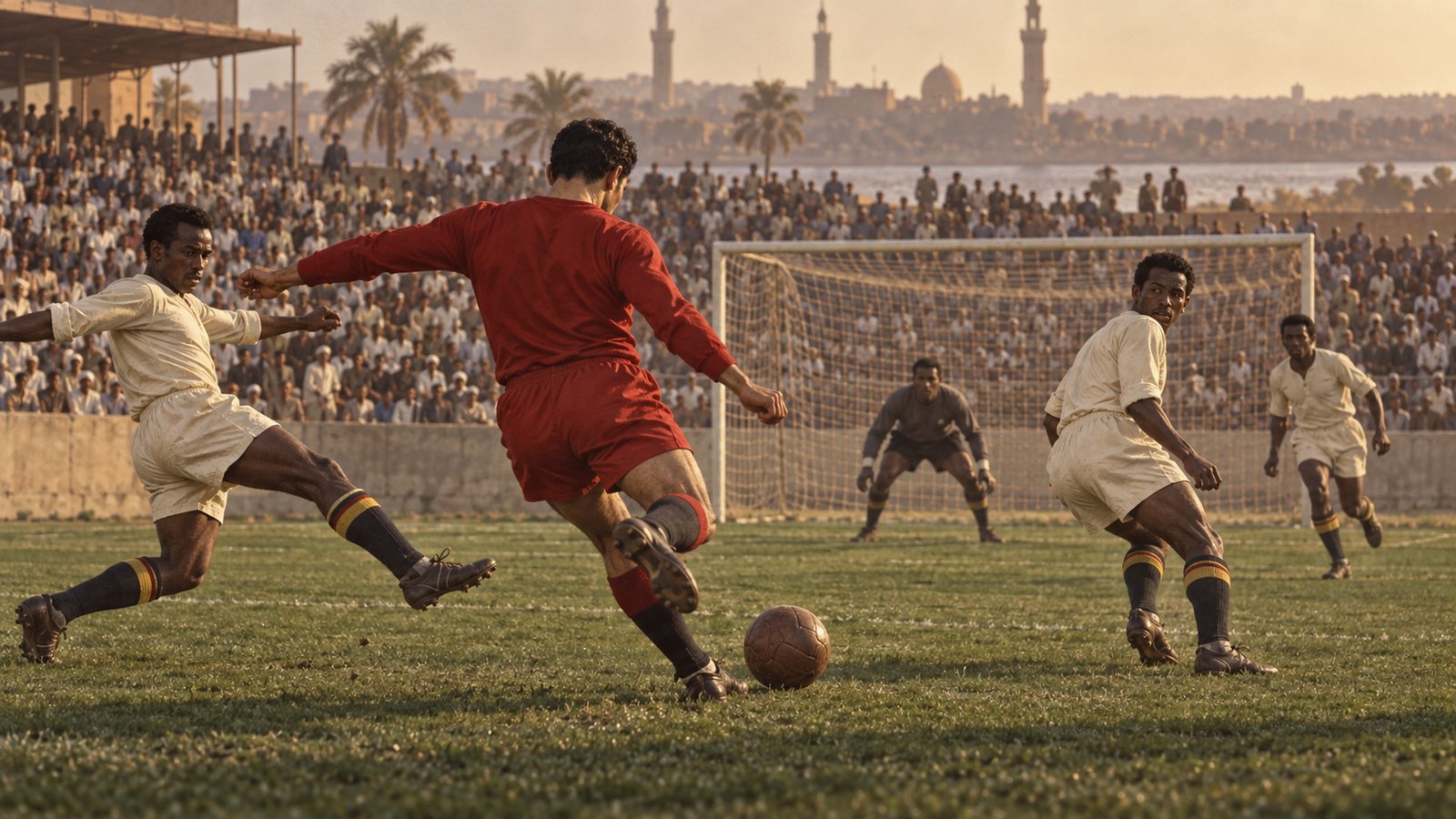 A wide editorial football scene of a fictional 1950s Egyptian striker scoring in a floodlit Khartoum final with no crests or text