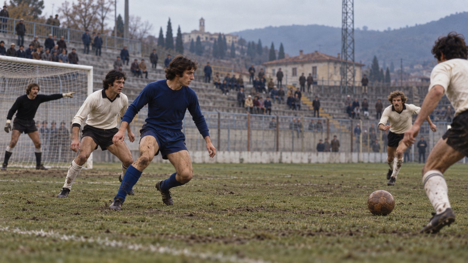 A composed 1970s Italian libero reading a through ball before two forwards can reach it