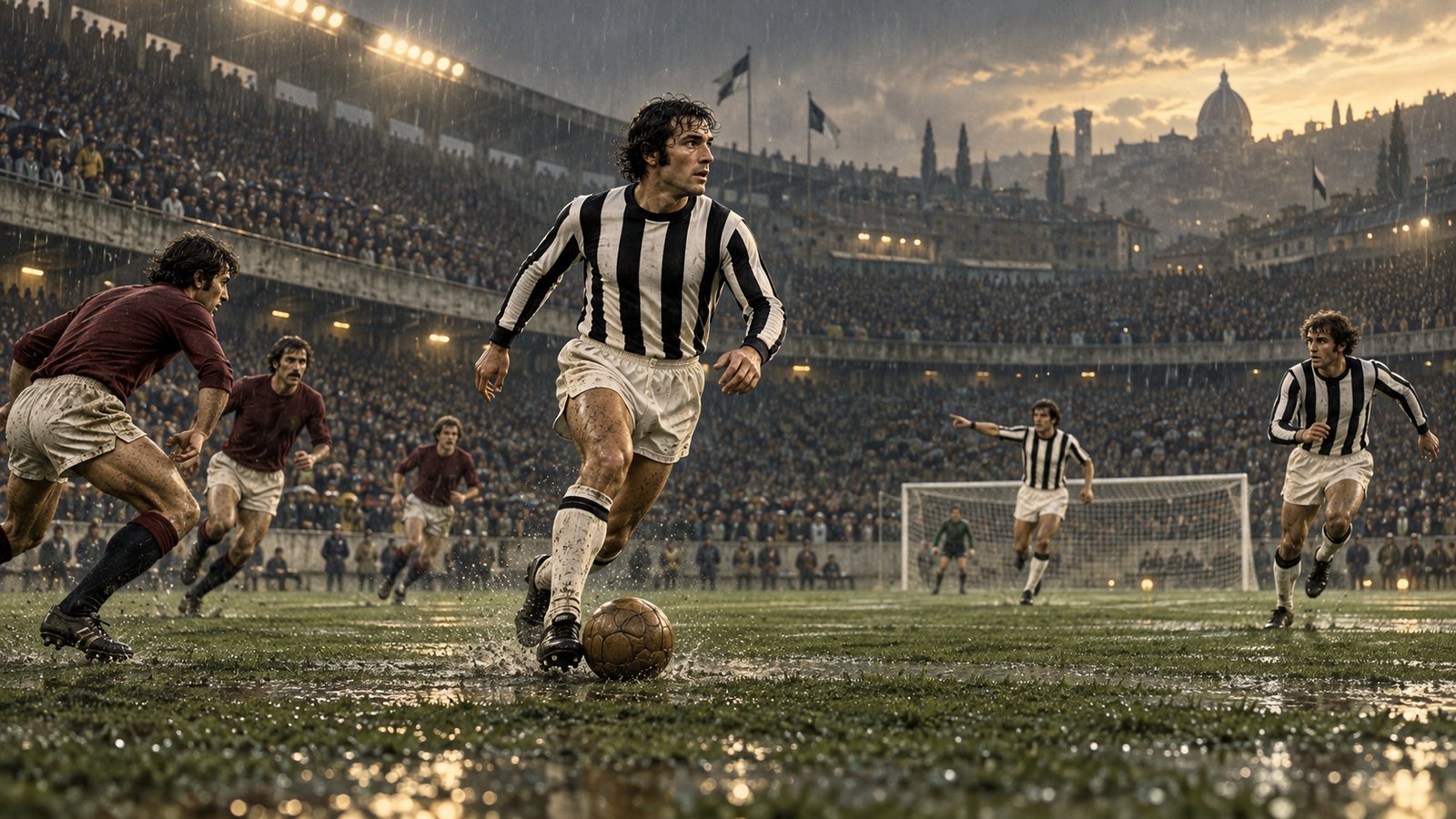 A fictional Juventus-era sweeper carrying the ball from defence into midfield on a rain-darkened pitch