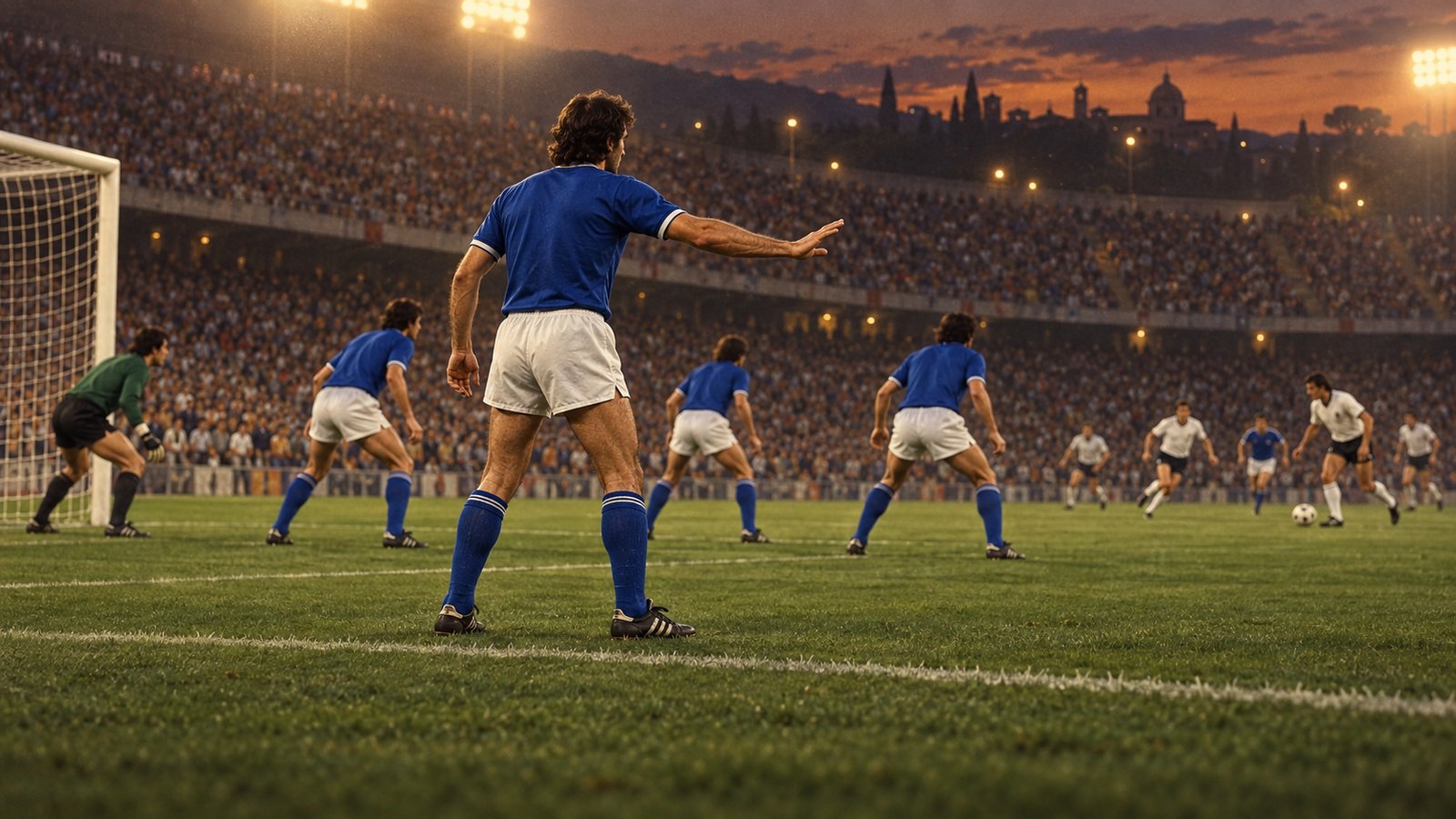 An Italian back line reorganising around a calm libero during a 1982-era international match