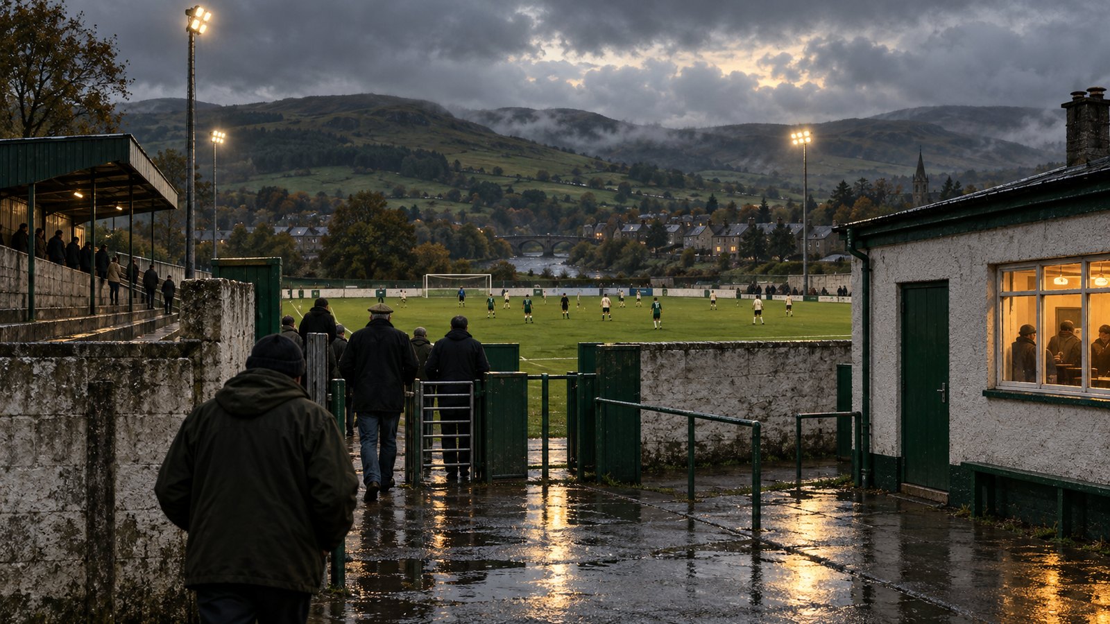 A small Scottish border football ground beneath low hills as supporters arrive on a wet afternoon