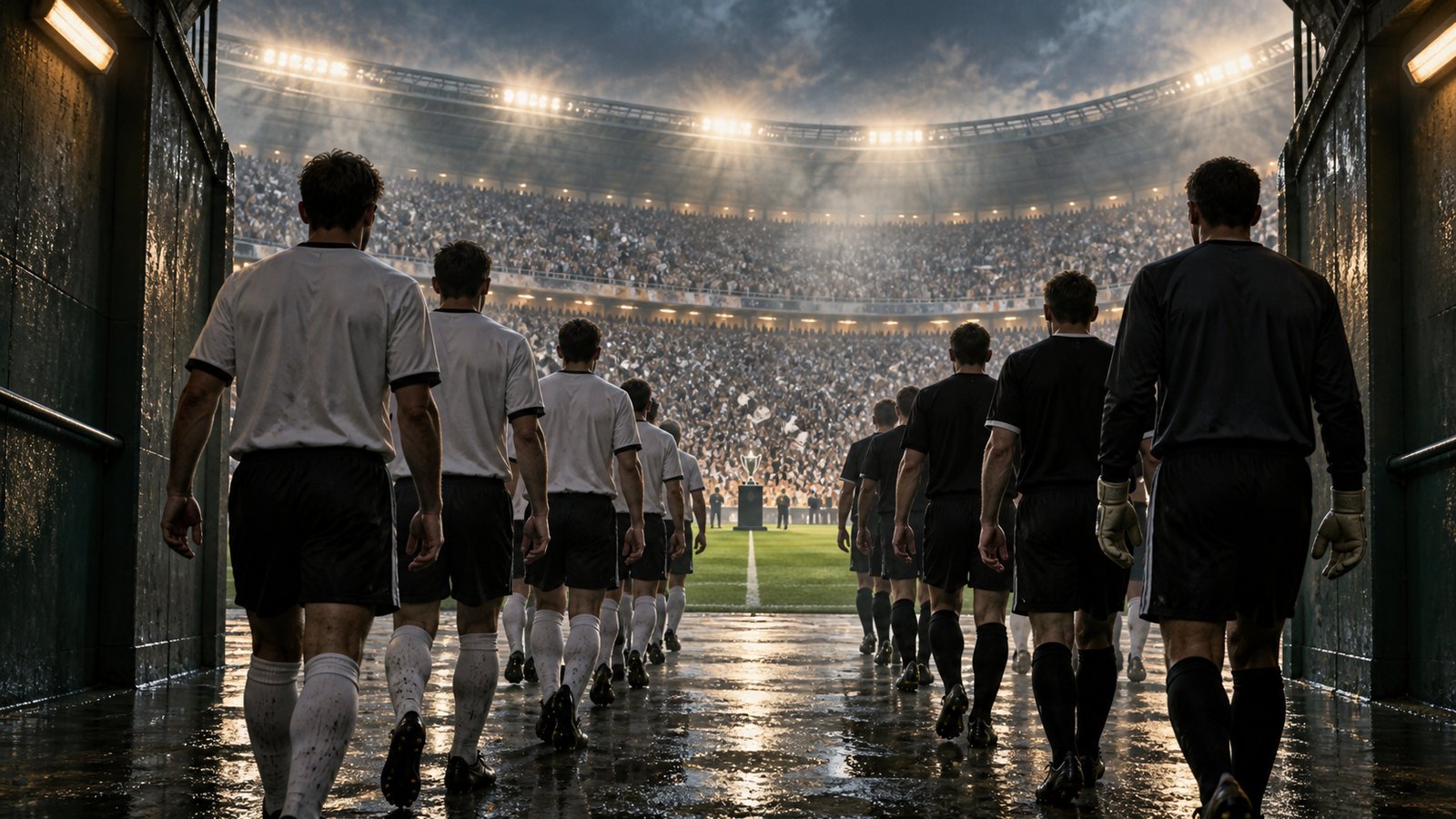Fictional black-and-white footballers walking toward a crowded cup-final tunnel in a mid-2000s stadium