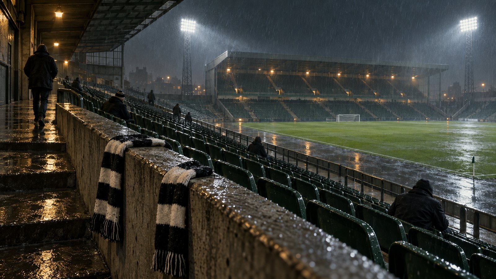 A nearly empty Scottish stadium concourse at night with a few black-and-white scarves and rain outside