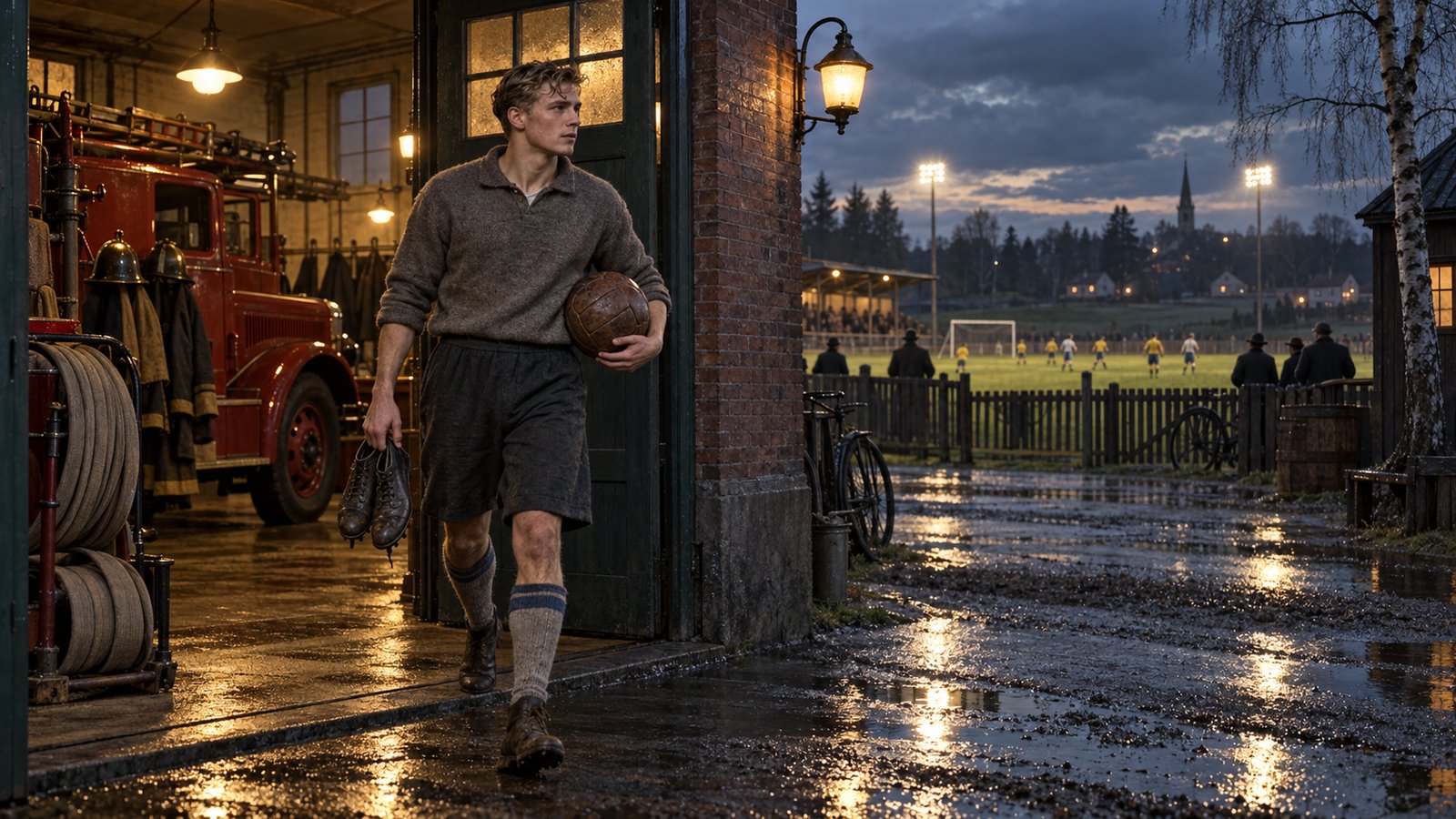 A fictional 1940s Swedish footballer leaving a fire station for an evening match
