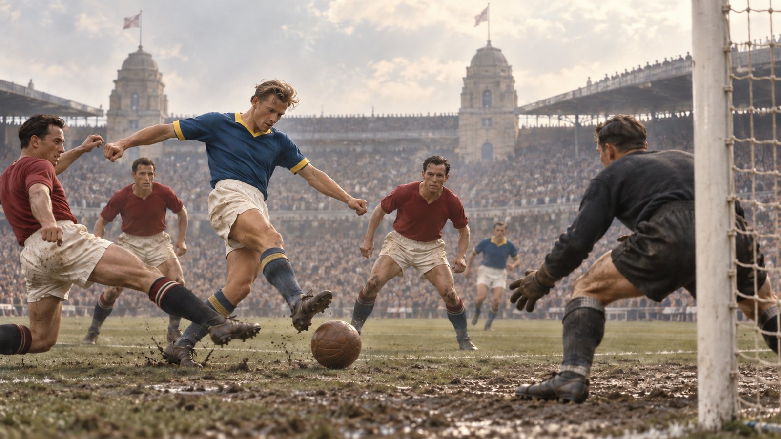 A fictional Swedish forward striking toward goal at Wembley during the 1948 Olympic final