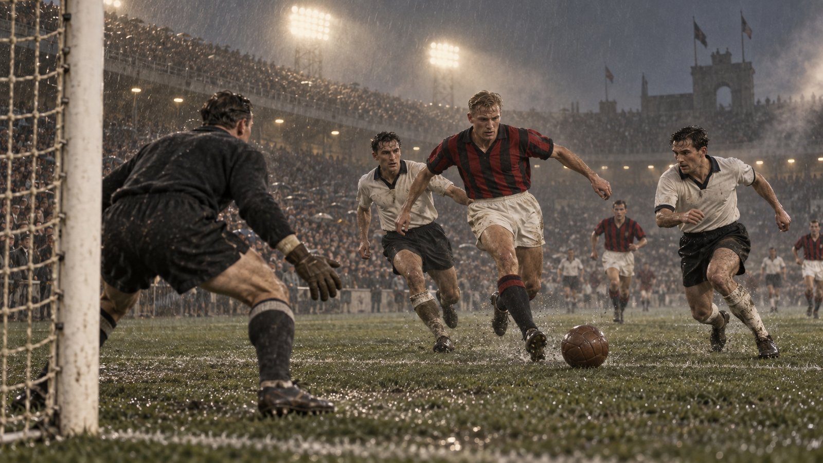 A fictional 1950s Milan forward moving between two defenders in a crowded penalty area
