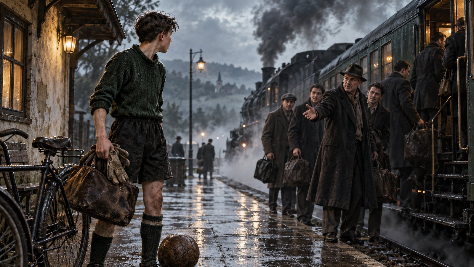 A fictional teenage goalkeeper arriving beside a wartime railway platform with a bicycle