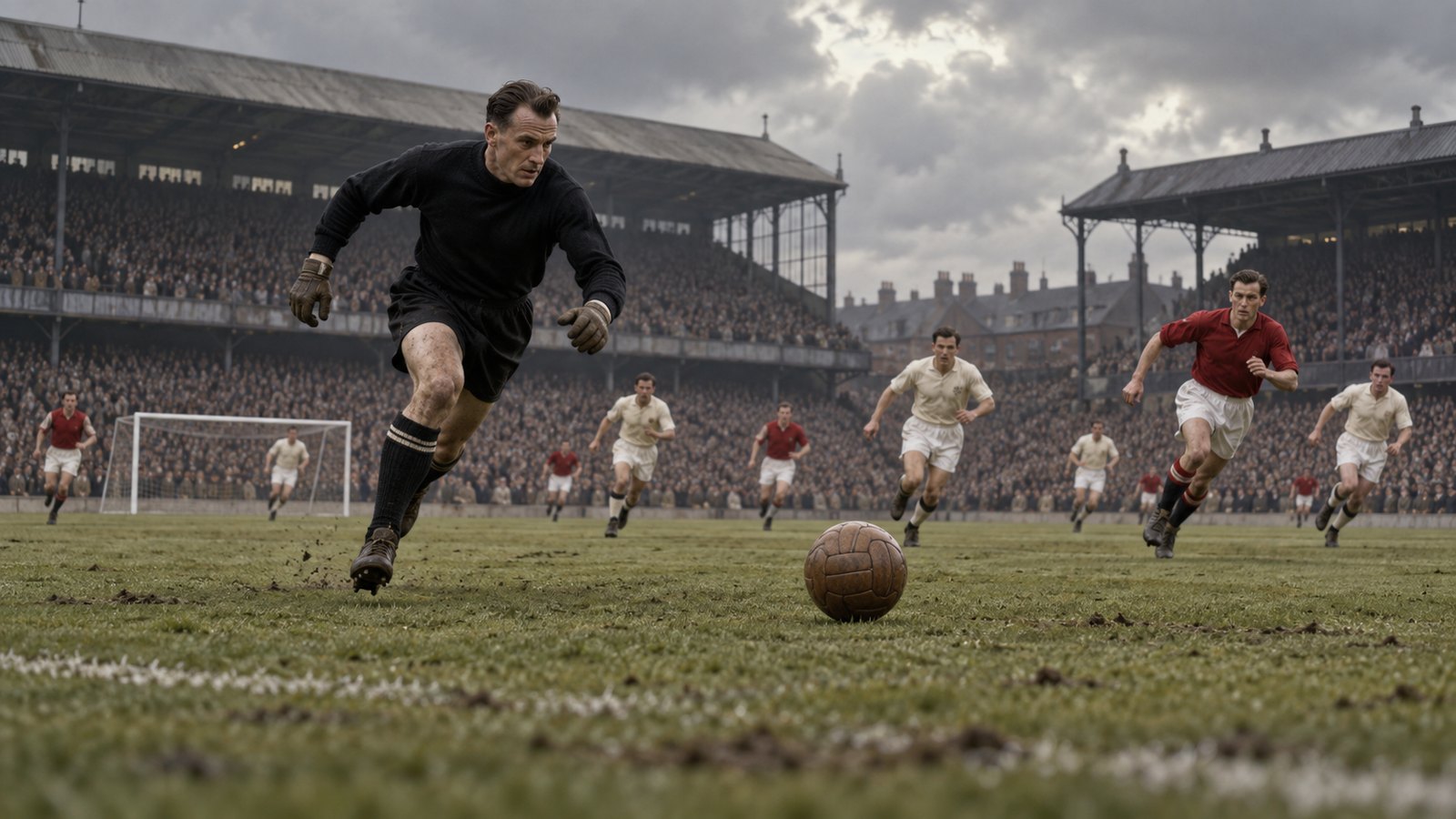 A fictional black-clad goalkeeper racing outside his area at a packed 1953 stadium