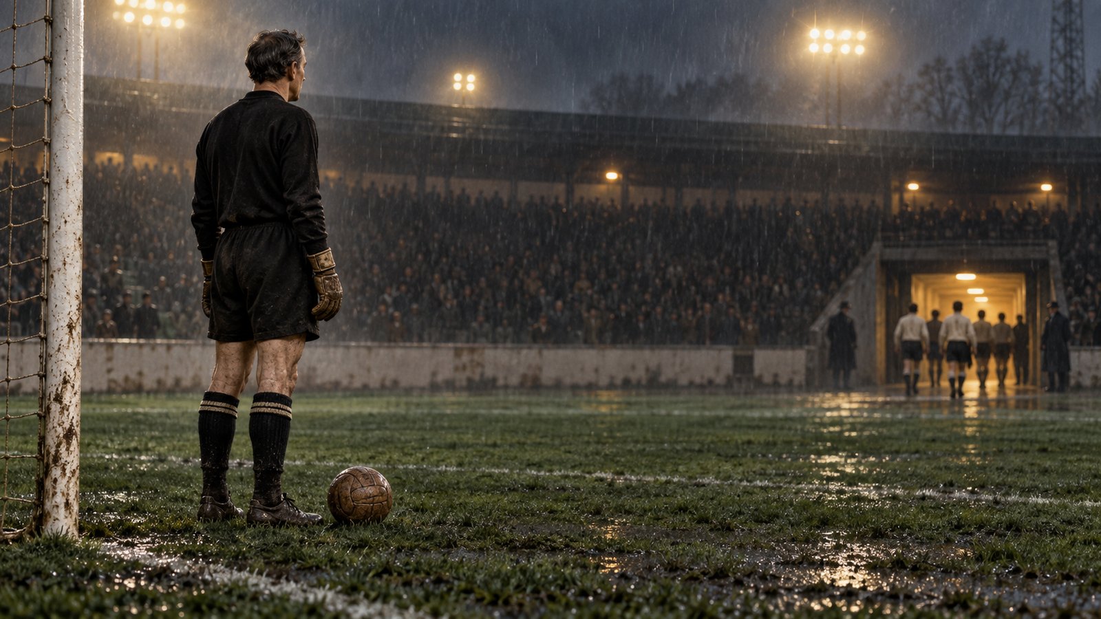 A fictional veteran goalkeeper in black standing alone after a 1962 international match