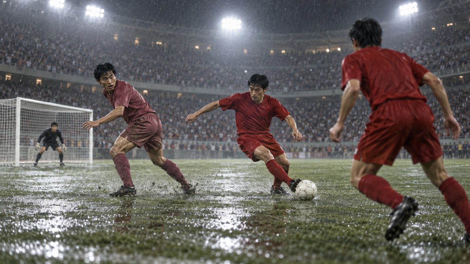 A fictional red-shirted forward pressing a defender immediately after kickoff in a packed 2002-era stadium