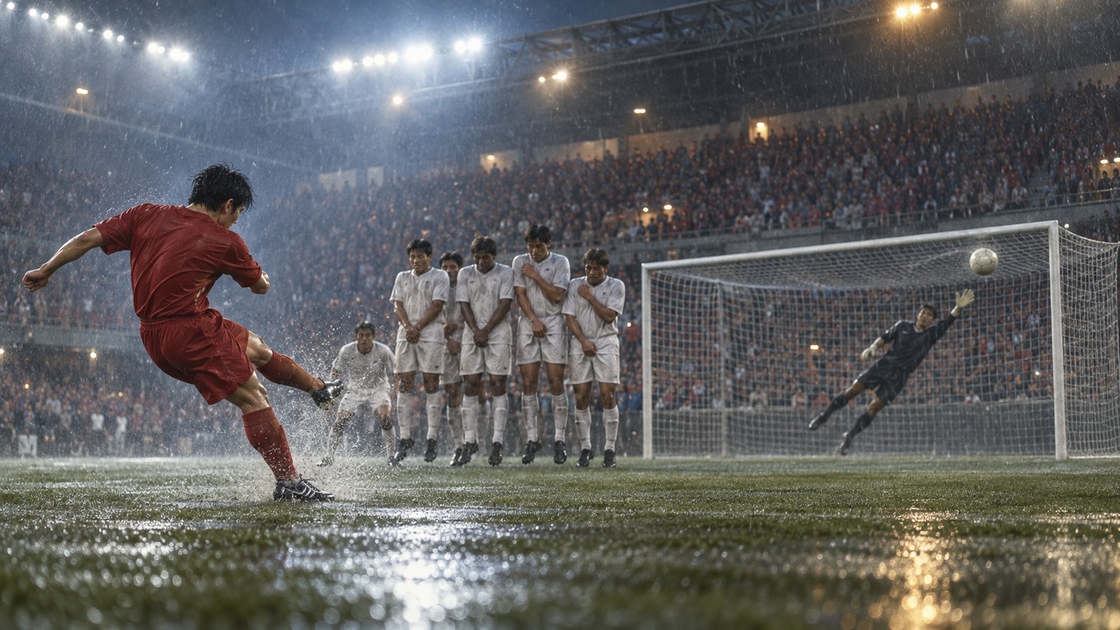 A fictional Korean free-kick taker curling the ball over a wall under bright Daegu floodlights