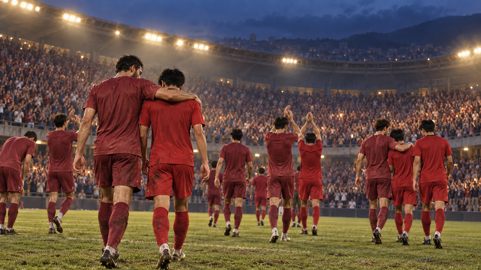 Fictional Turkish and Korean players acknowledging the crowd together after a dramatic third-place match