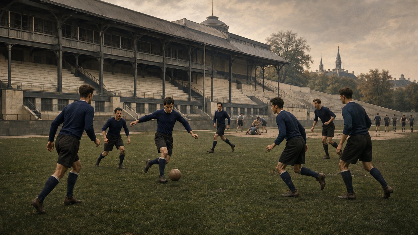 A fictional 1920s Vienna football club trains at a large Prater sports ground