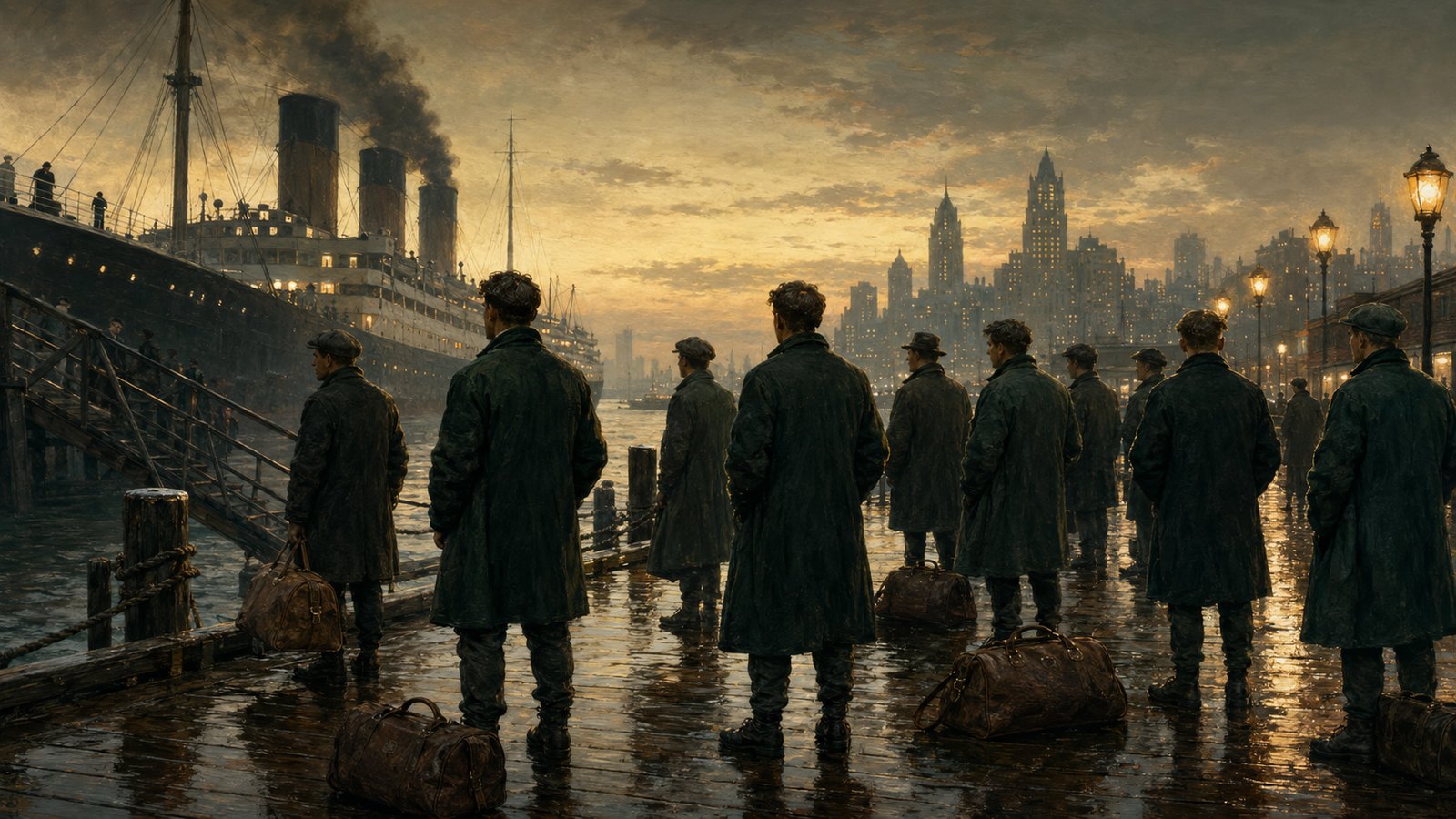 Anonymous 1920s footballers separate between an ocean liner and New York city streets