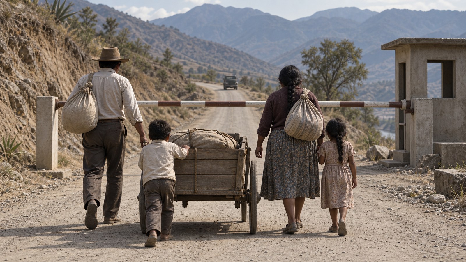 Families and belongings moving along a rural Central American border road in 1969
