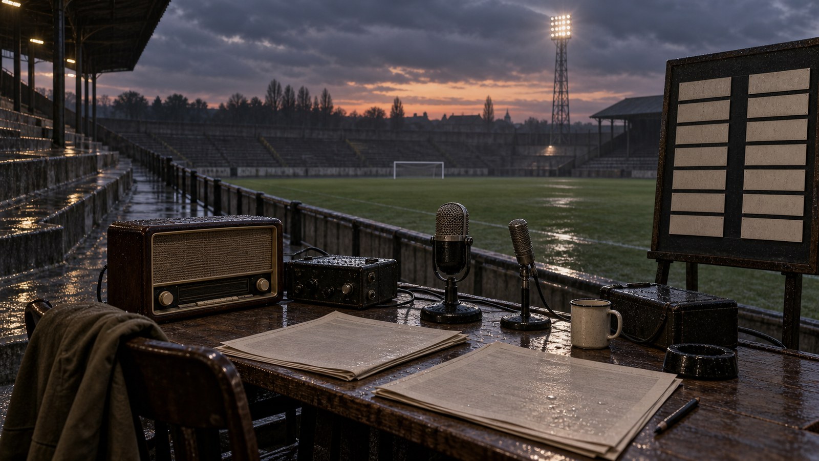 An empty football ground beside newspaper desks and radios after the 1969 qualifiers