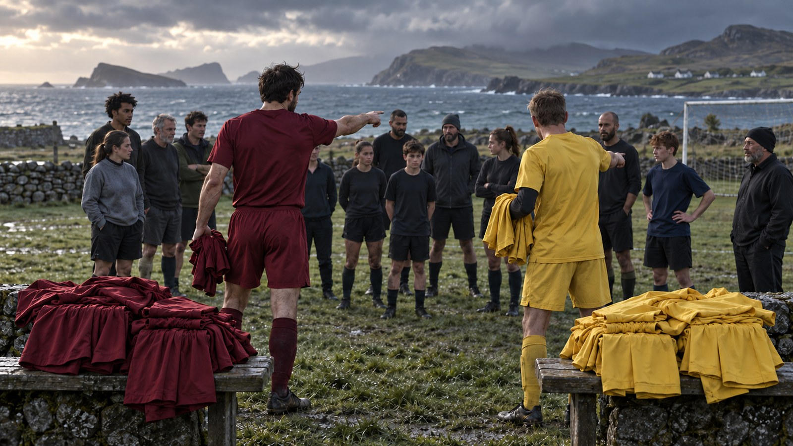Two amateur football captains selecting players beside a windblown island football pitch
