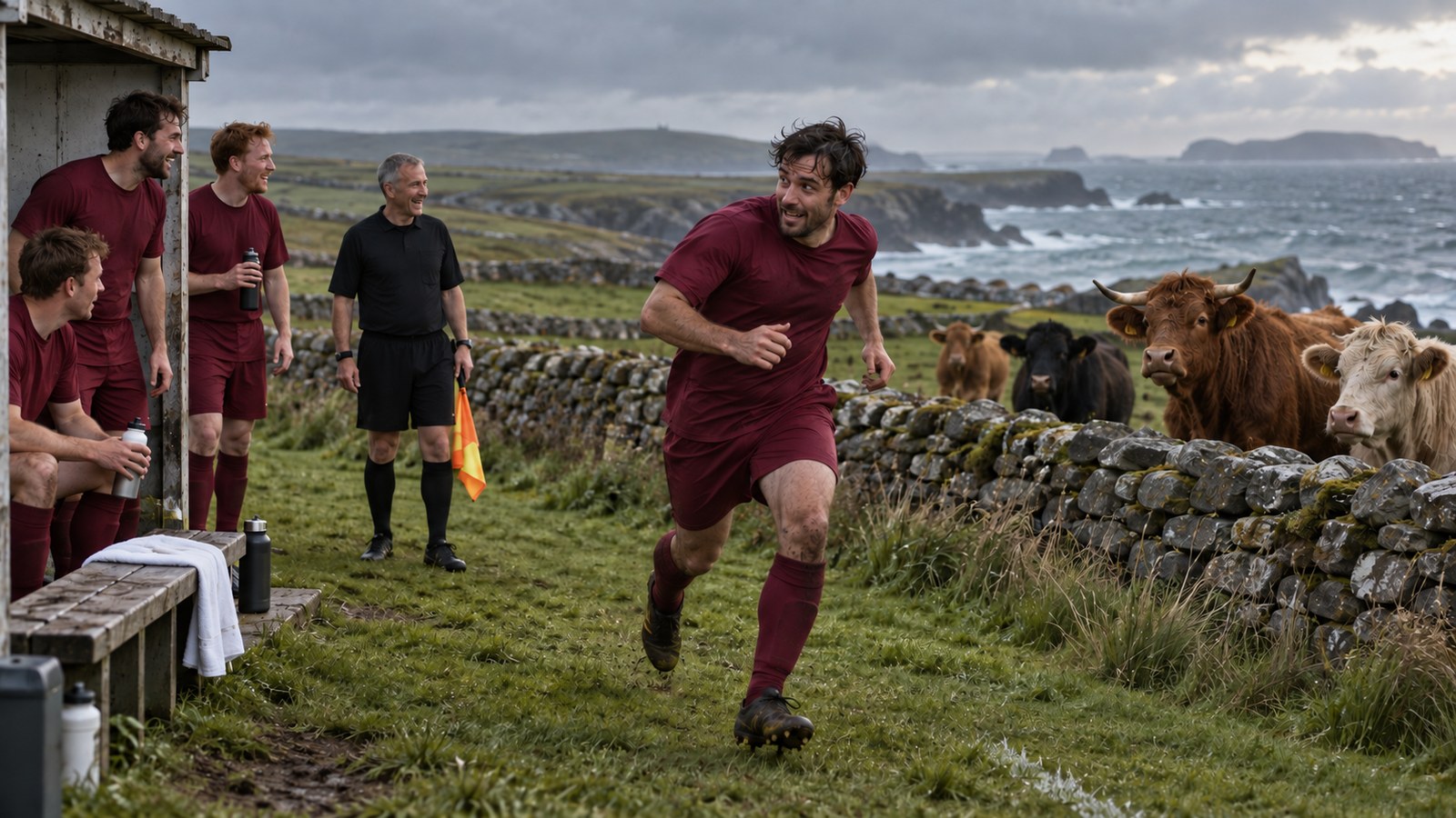 An amateur footballer leaving an island match at half-time as loose cattle appear beyond a stone wall