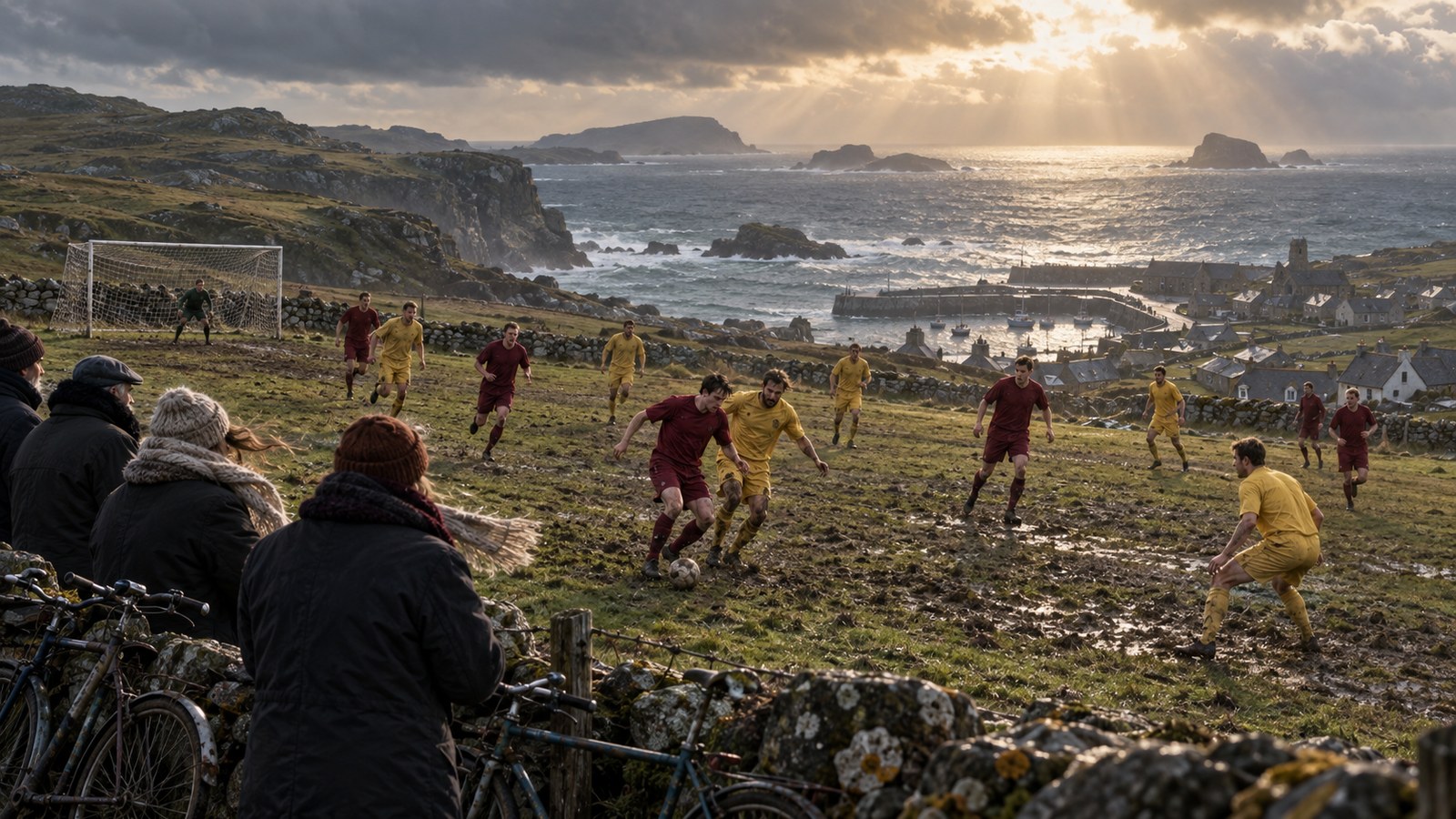 A windswept amateur football match on a small Atlantic island field overlooking the sea