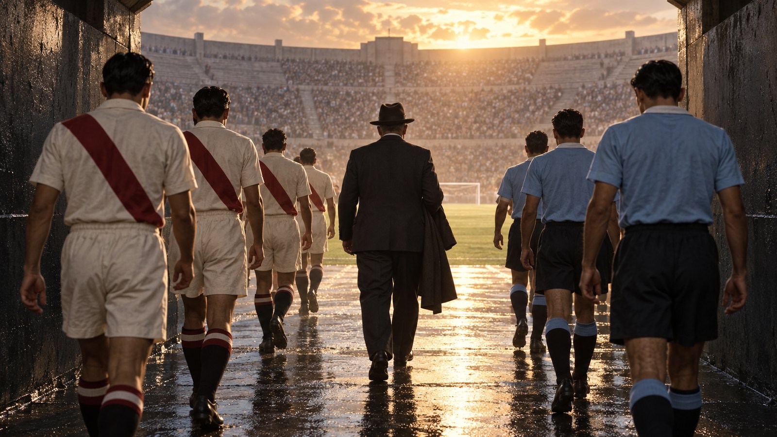Peru and Uruguay players walking into Lima's Estadio Nacional before the 1939 championship decider