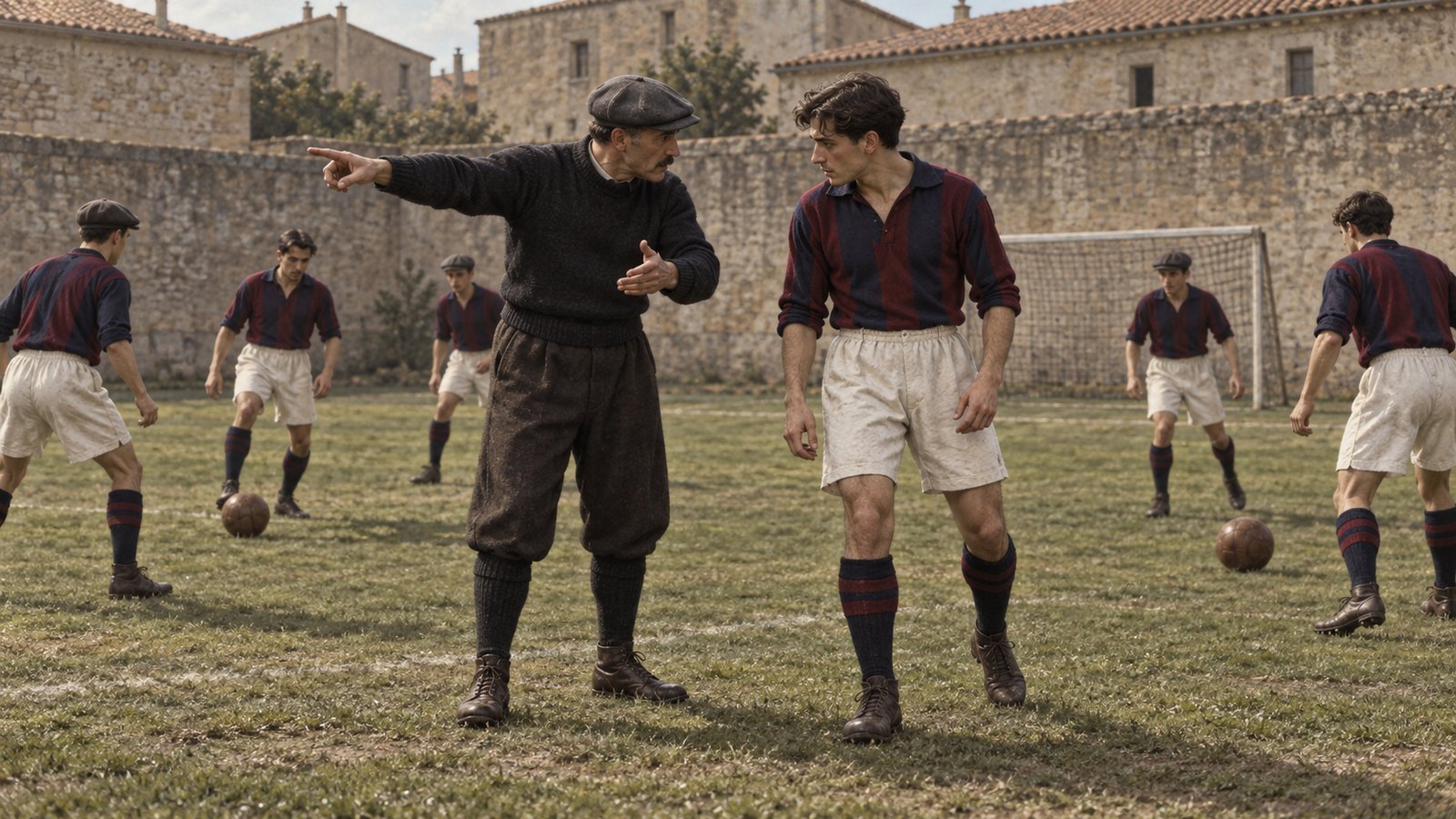 A fictional early Barcelona training session led by an English player-coach in the 1910s