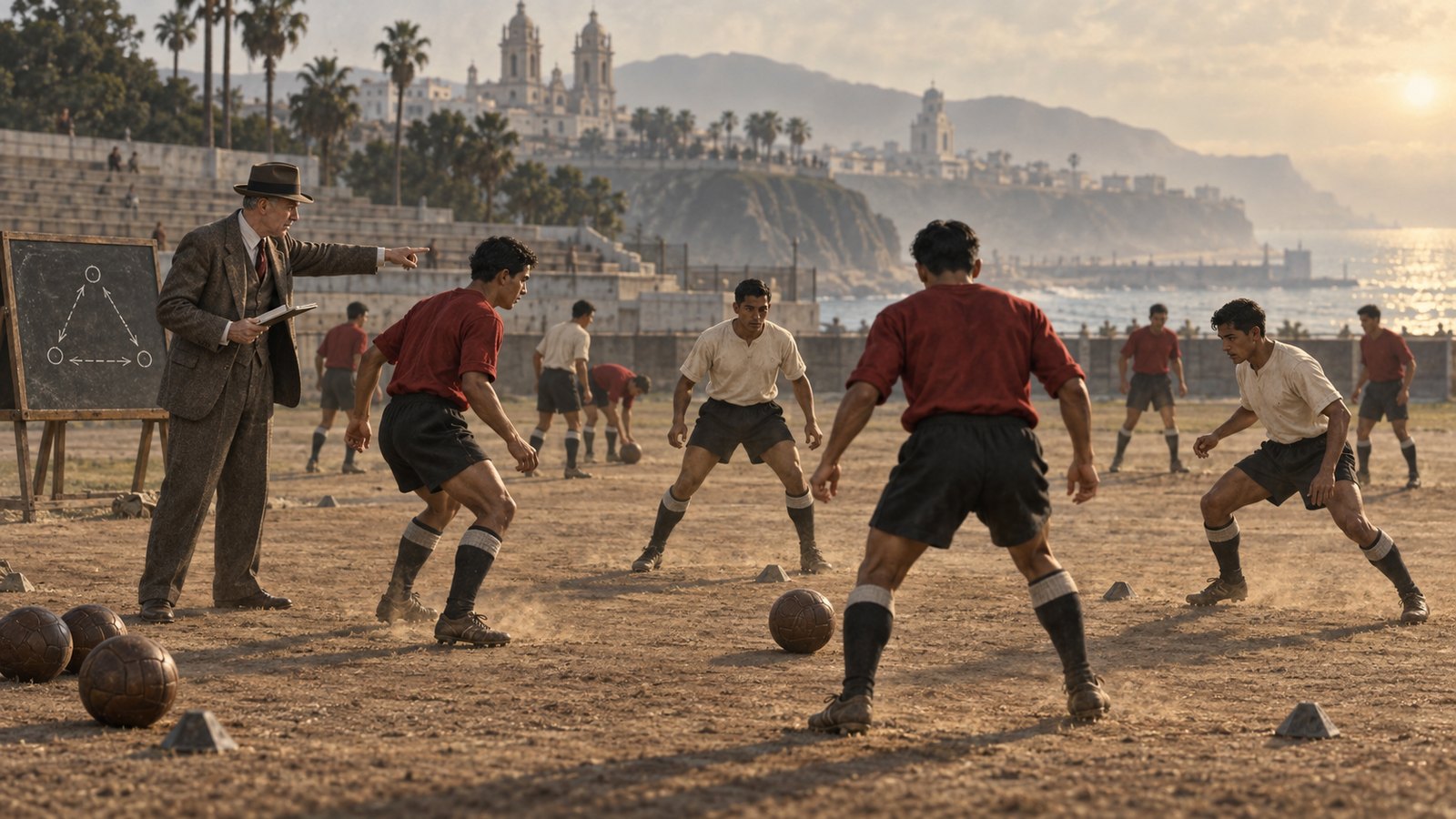 Jack Greenwell coaching a fictional Peru training session in Lima in 1939