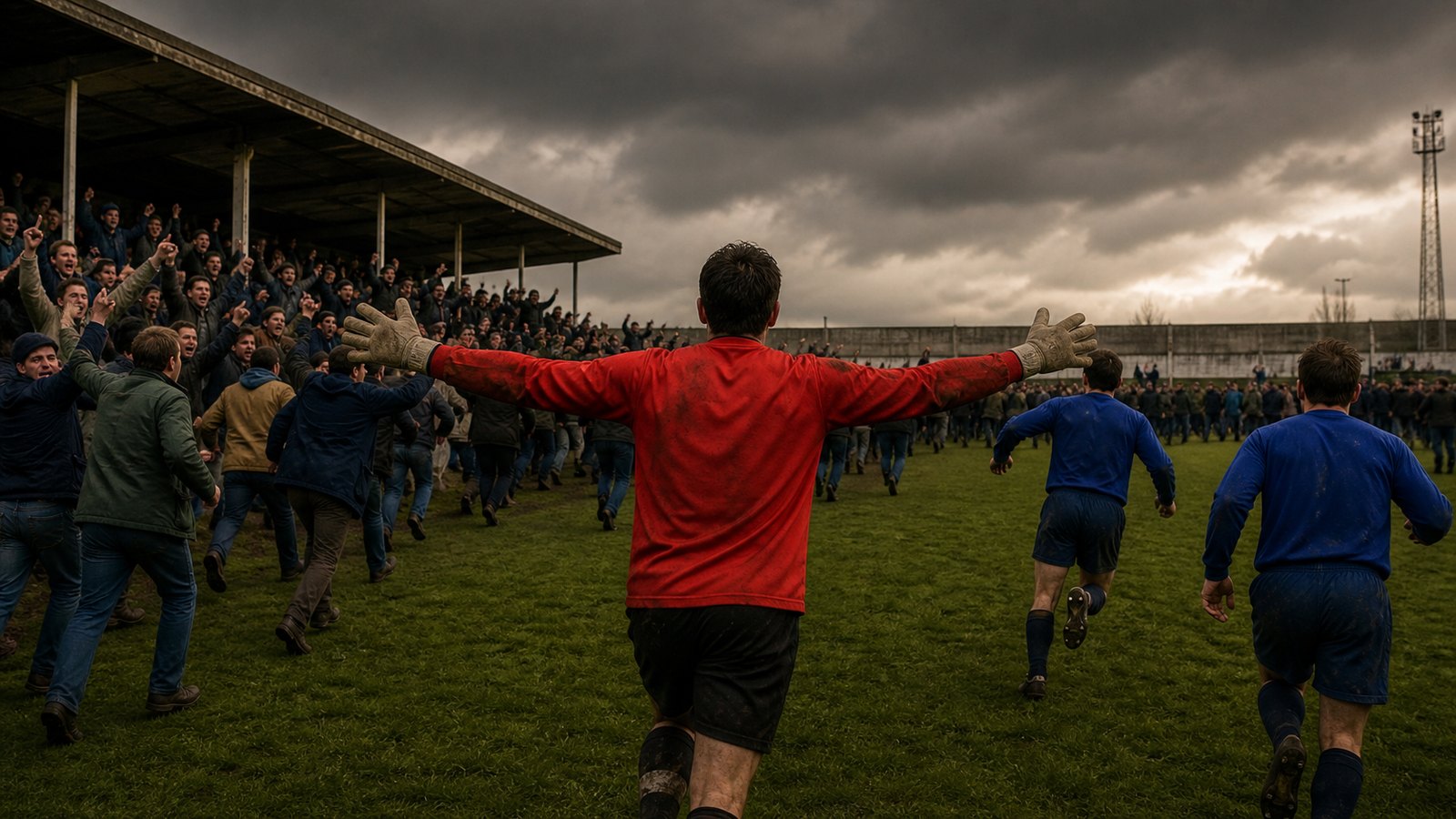 A fictional goalkeeper in a plain red kit runs toward supporters after a final-corner survival goal