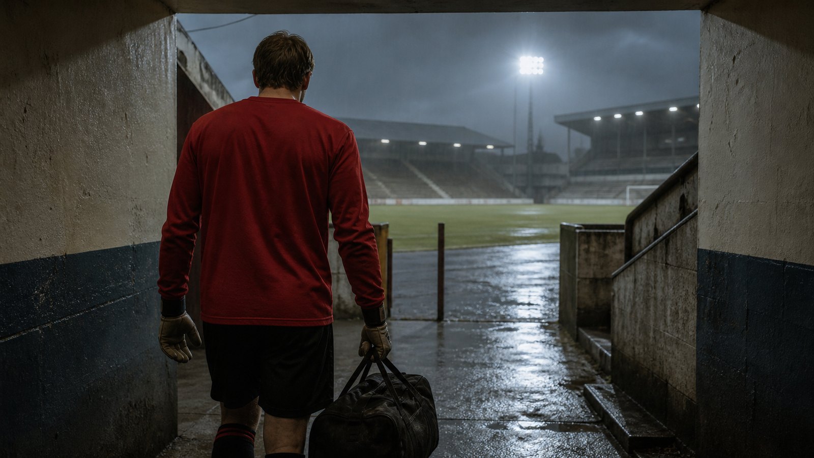 A fictional goalkeeper in a plain red kit arrives at a rain-darkened northern English stadium carrying a small kit bag