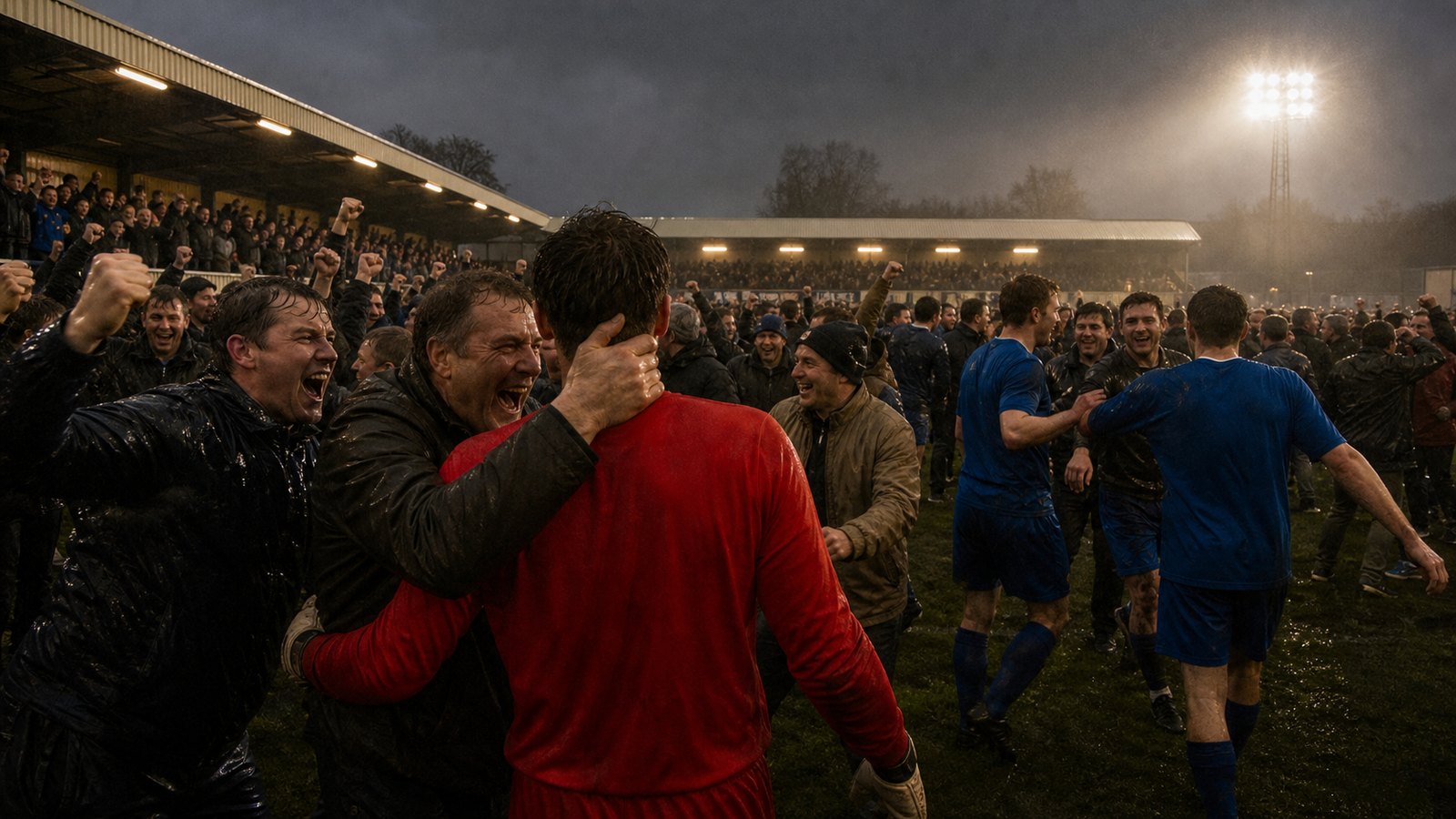 Supporters in a fictional old English ground flood onto a wet pitch around a goalkeeper in a plain red jersey