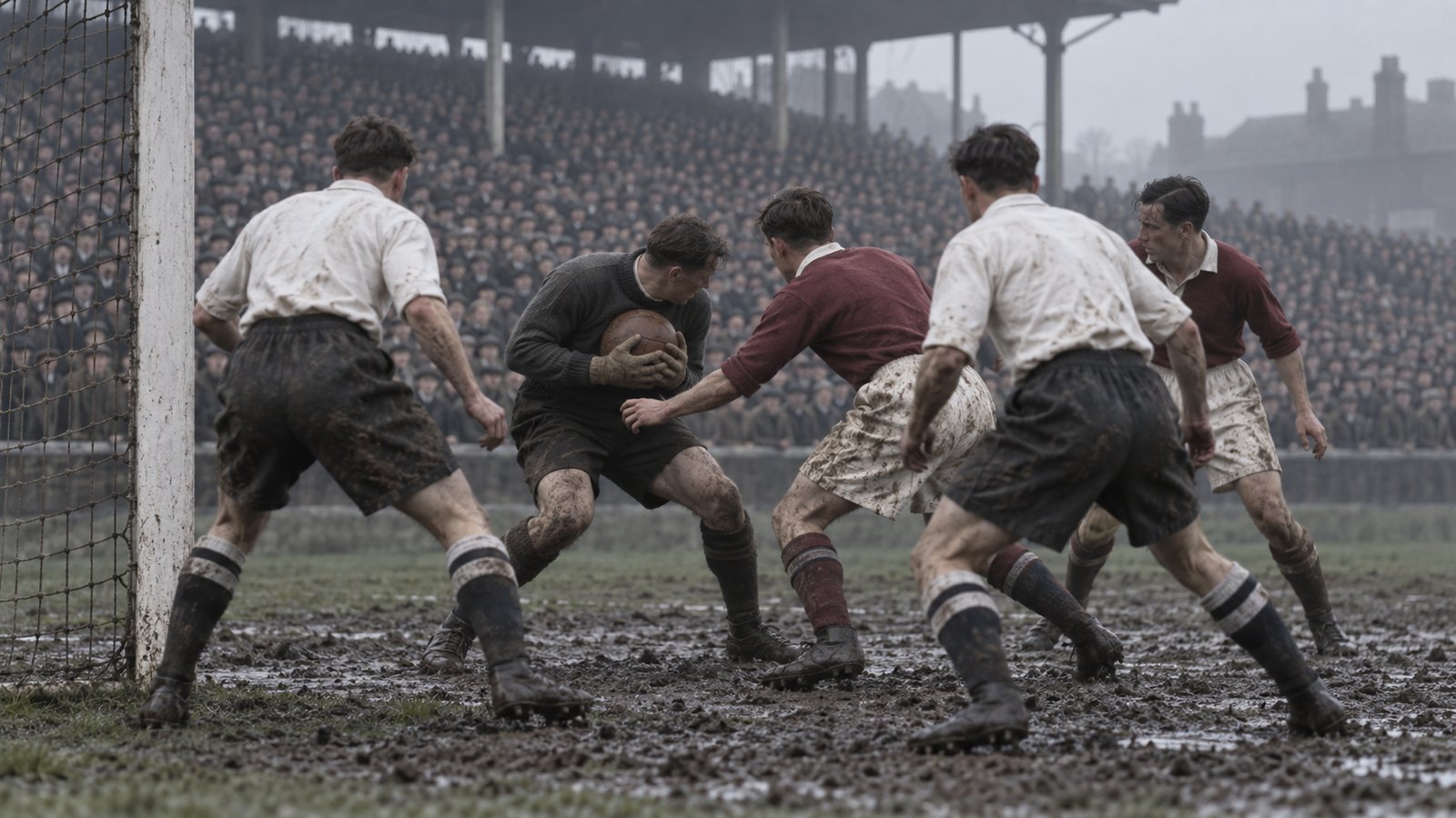 A 1930s goalkeeper gathering a ball in a crowded Roker Park goalmouth