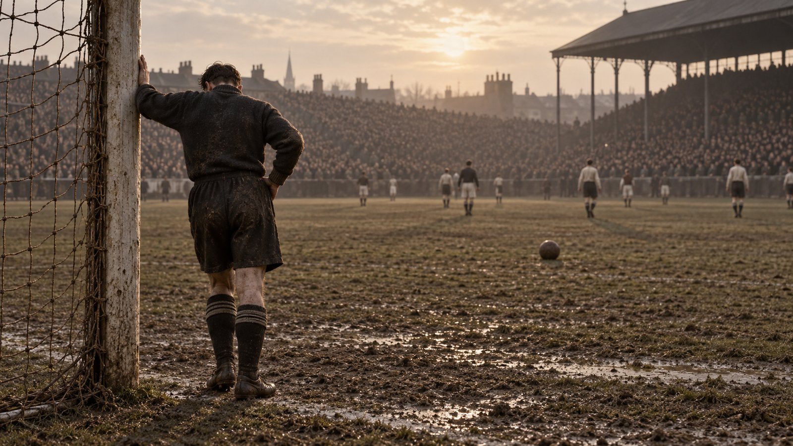 A lone goalkeeper leaning against a wooden goalpost beneath winter floodlights