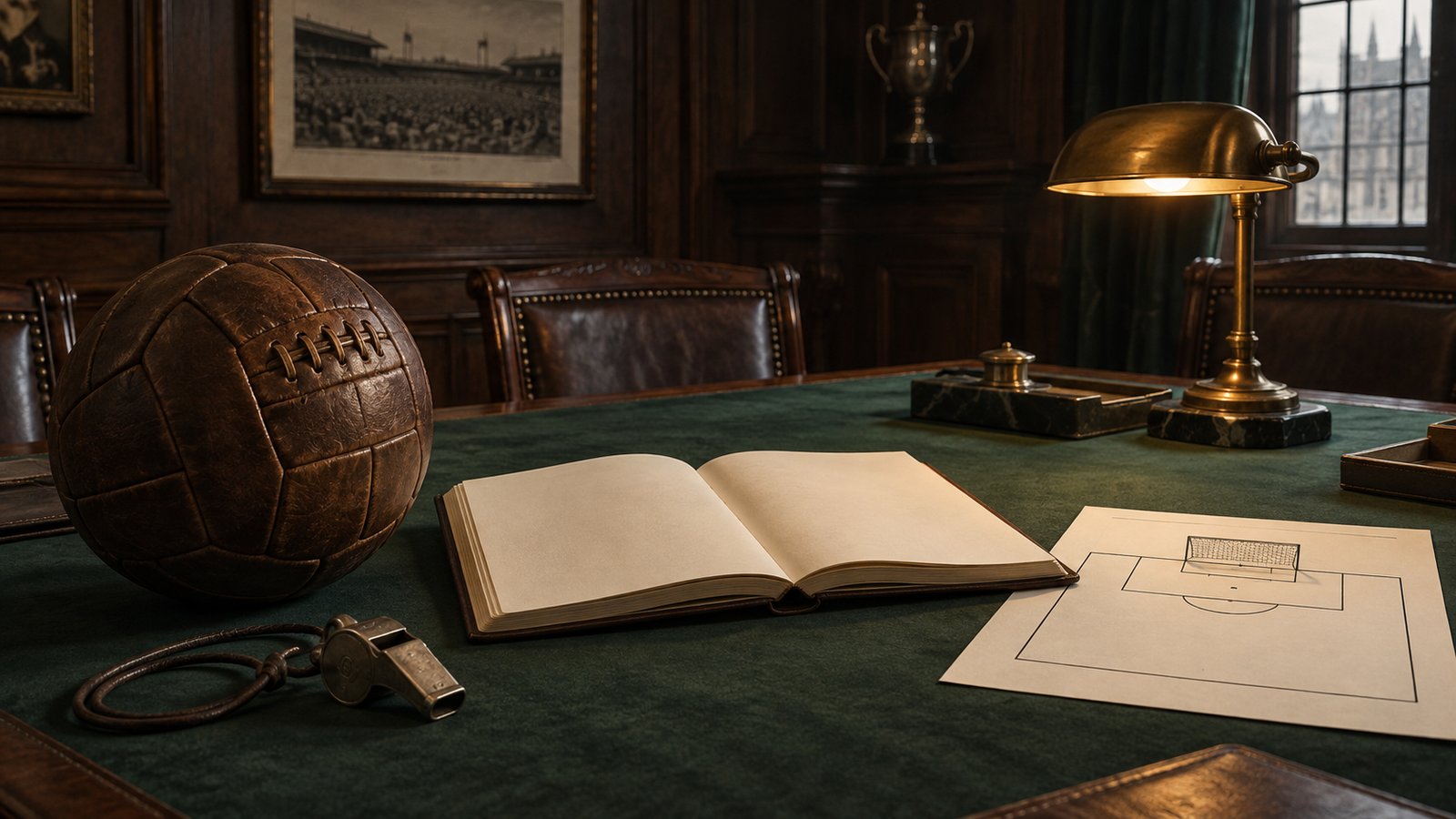 A 1930s football rules committee examining a blank field diagram and leather ball