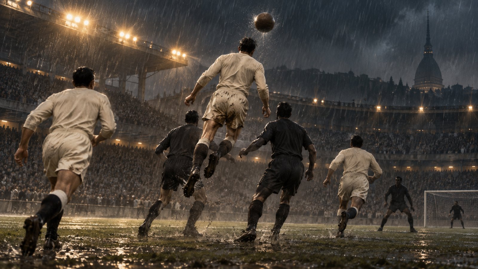 A generic black-and-white-striped Turin forward rising for a header under 1950s stadium floodlights