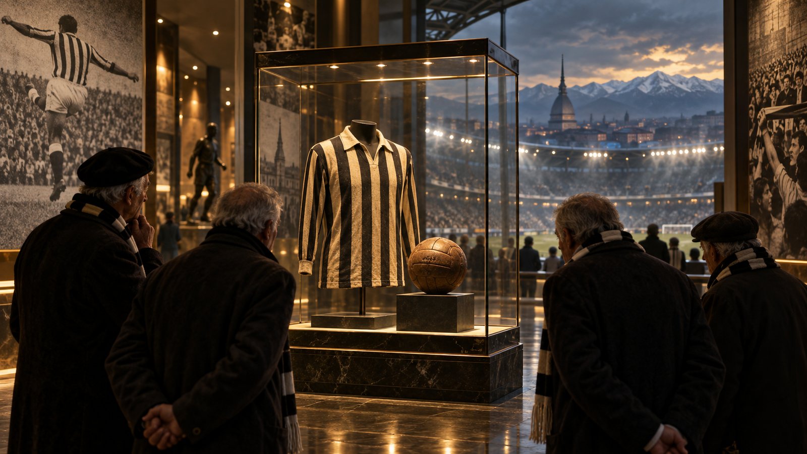 Older Turin supporters in a museum-like stadium concourse remembering a 1950s Welsh striker
