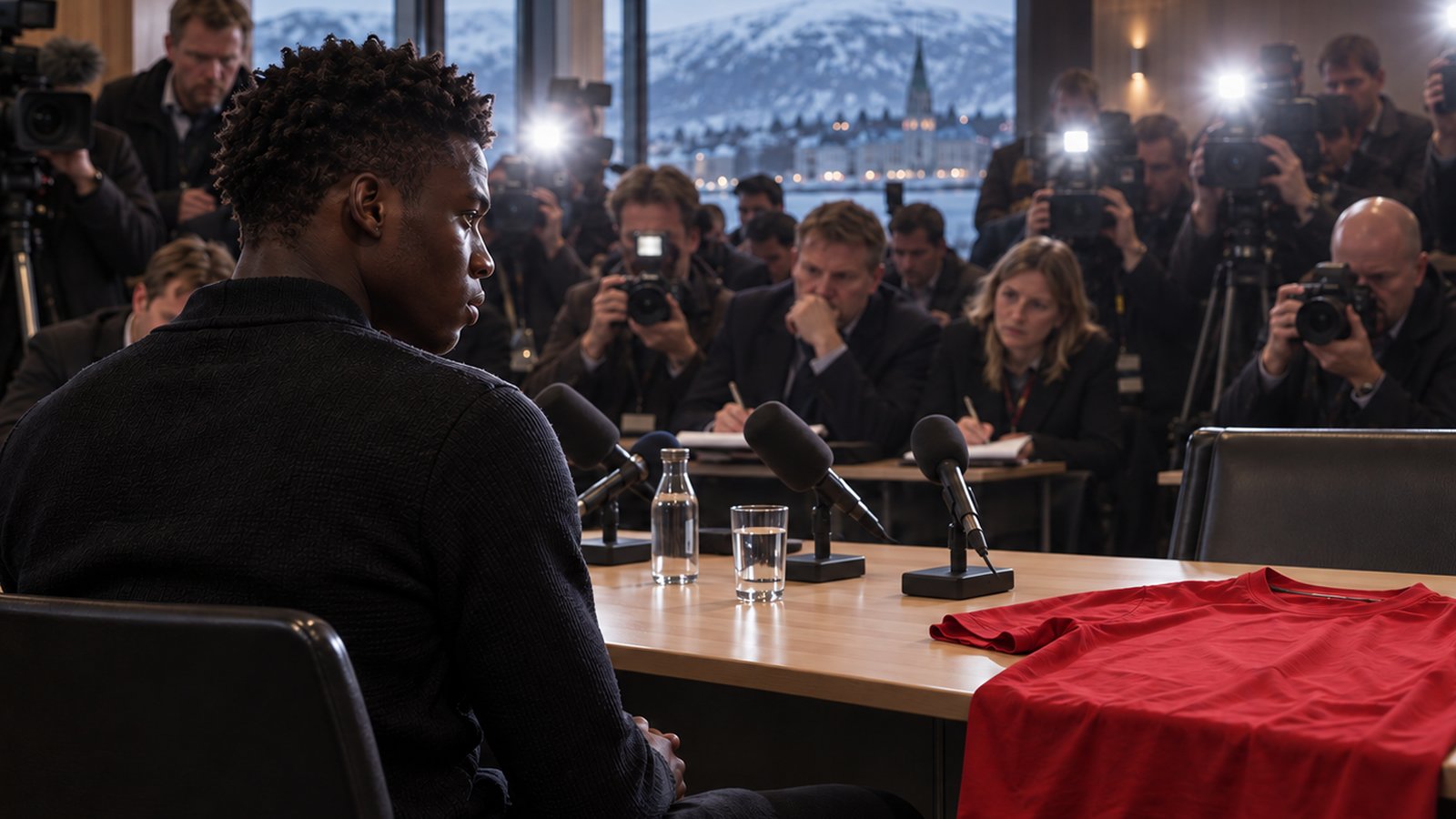 A fictional young footballer facing camera flashes beside an unsigned red numberless shirt in a 2005 press room