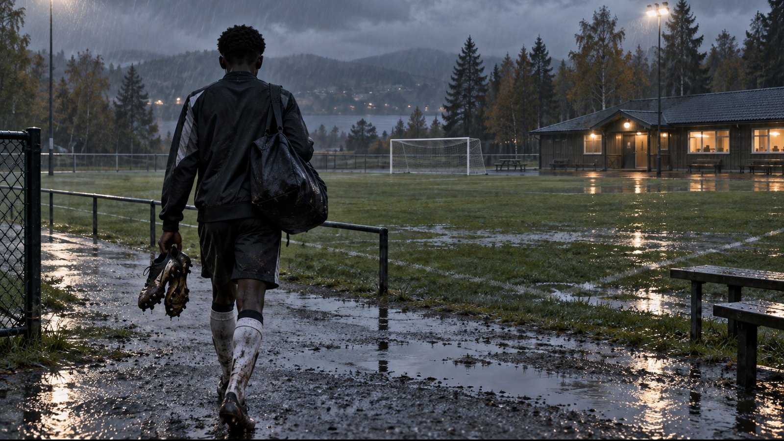 A fictional teenage midfielder returning alone to a rainy Scandinavian training ground with boots and a plain kit bag