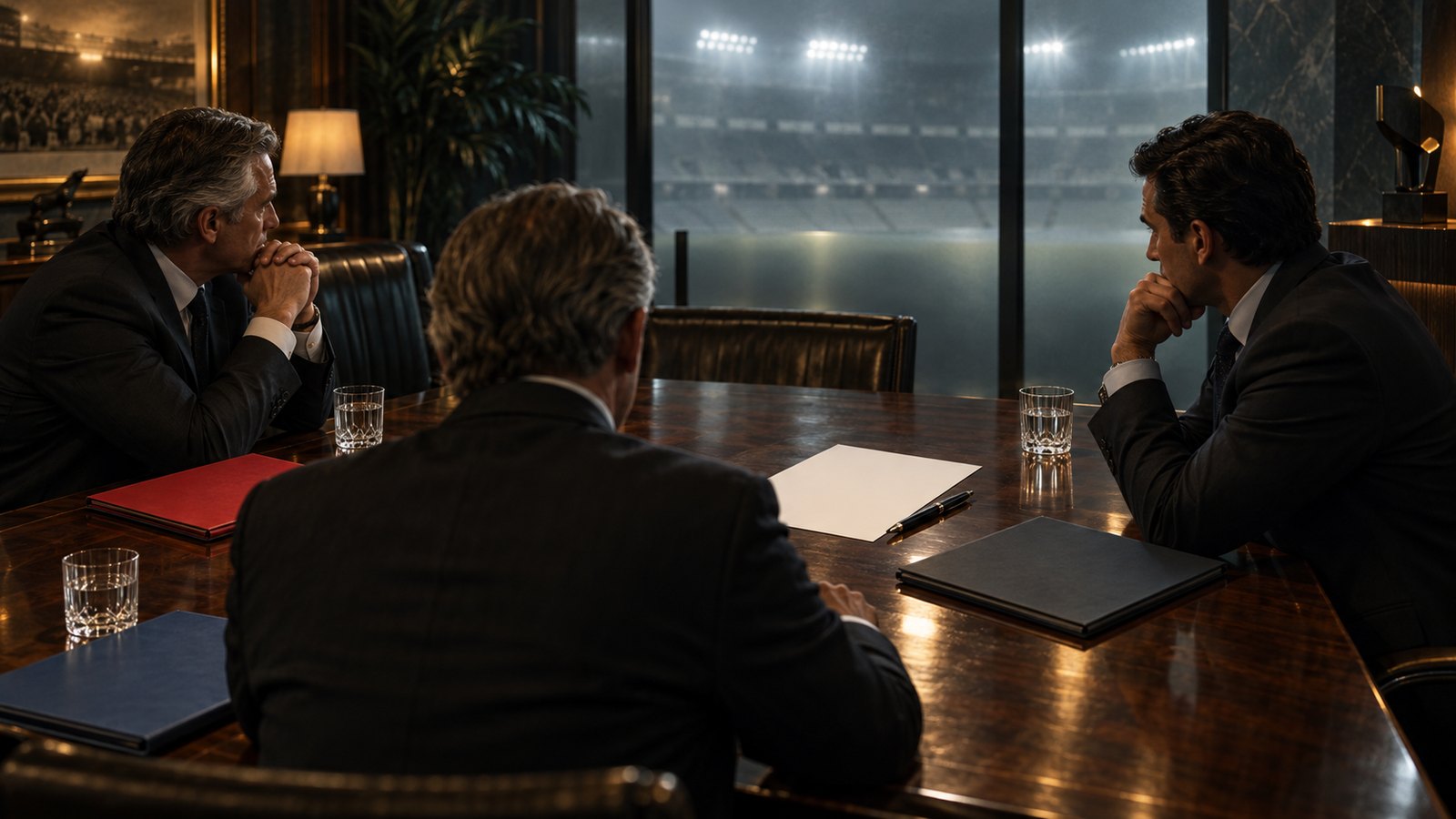 Three fictional football executives placing separate folders around one registration form on a polished table