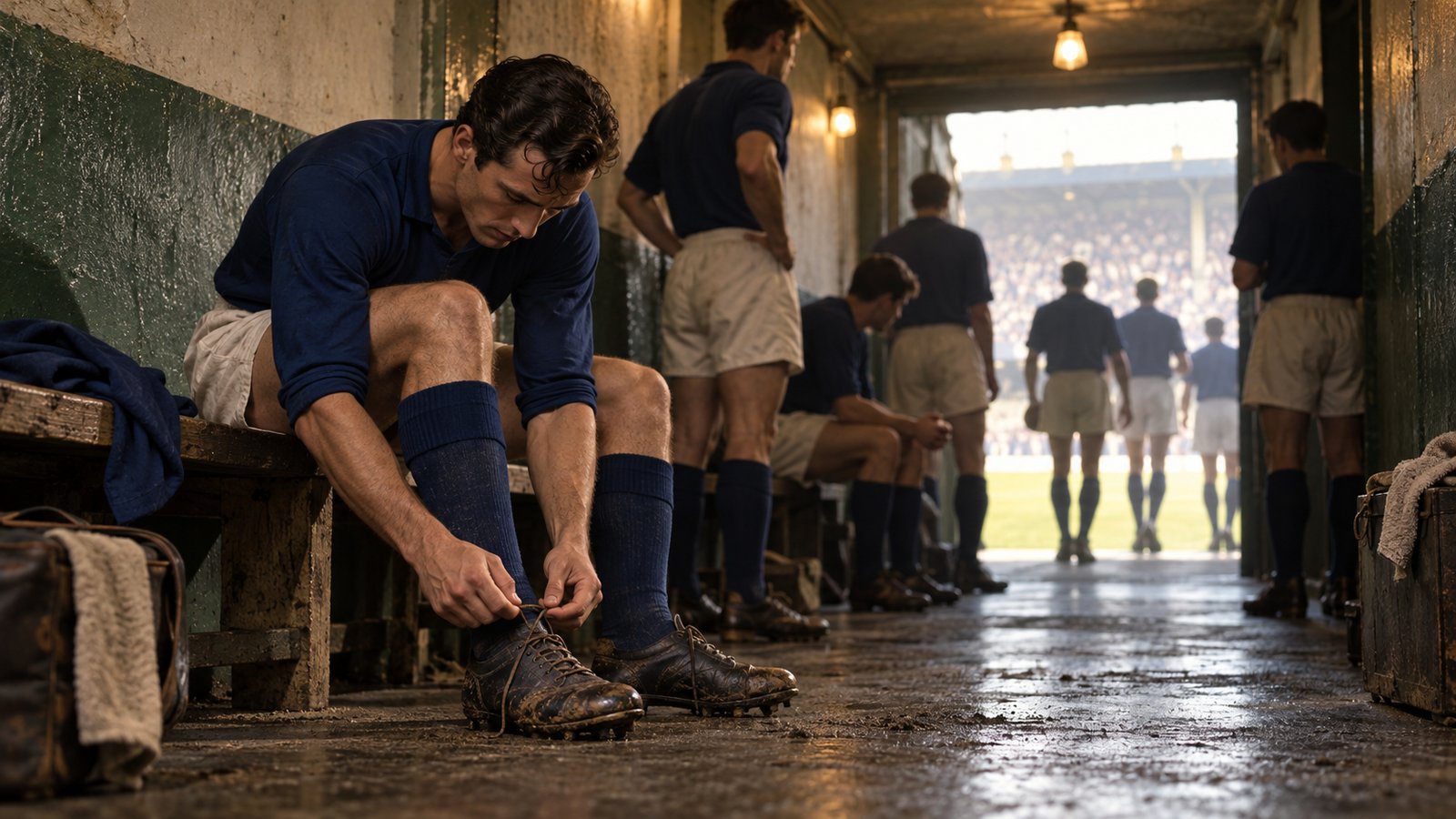 A fictional French striker tightening borrowed plain boots in a Swedish stadium tunnel before a 1958 match