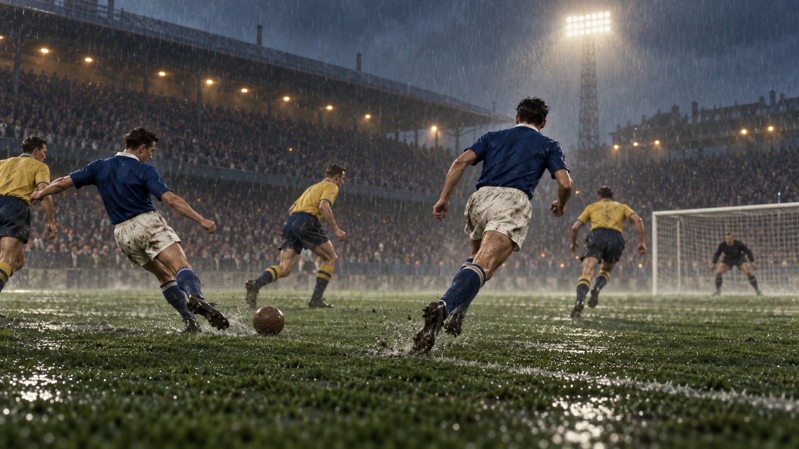 A fictional 1958 France forward running between defenders toward a through ball under Swedish summer floodlights