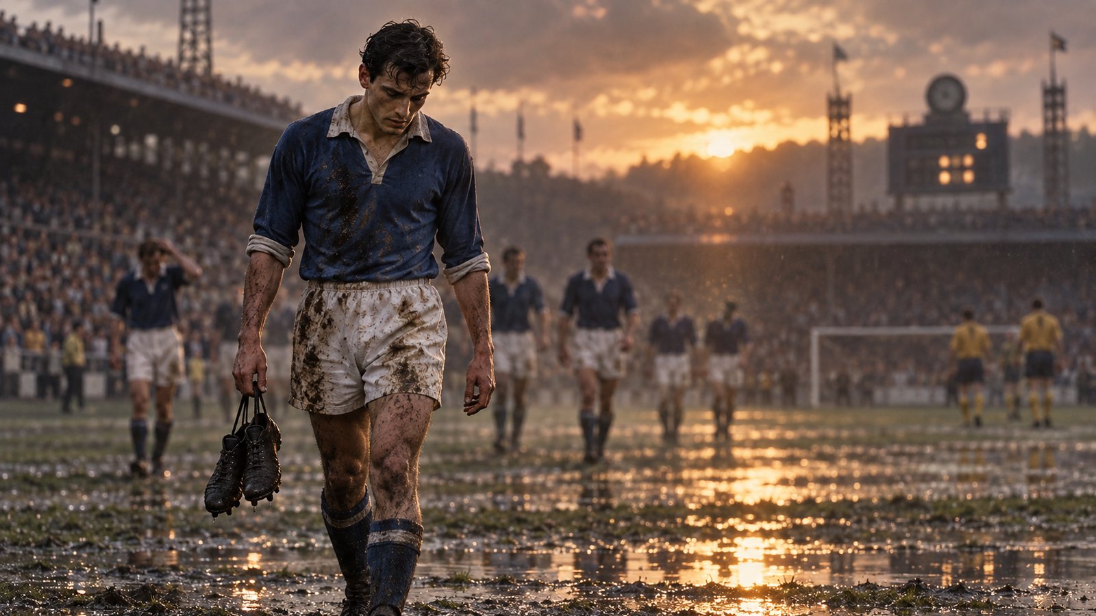 A fictional French forward walking from a Swedish pitch carrying plain borrowed boots after a four-goal match