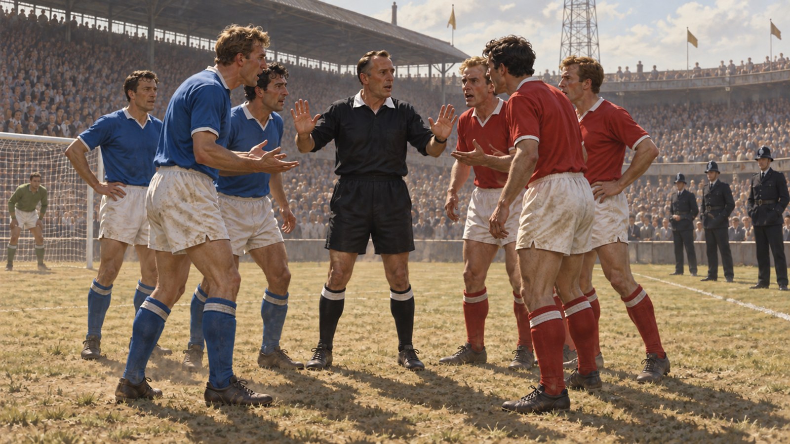 A 1960s referee between arguing players in a tense international match as police wait at the touchline